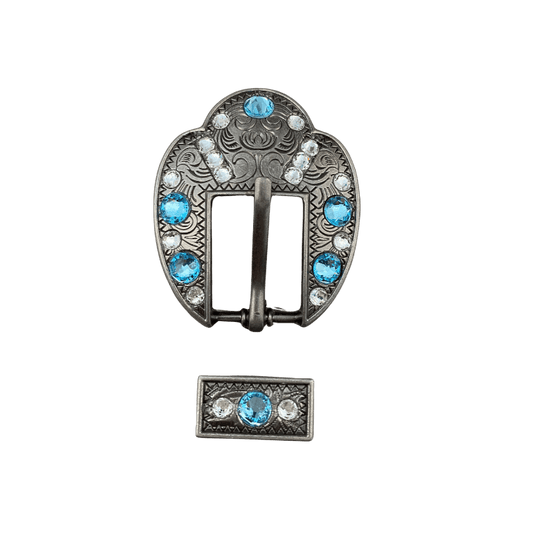 Aqua & Clear Antique Silver European Crystal Fancy Buckle - RODEO DRIVE