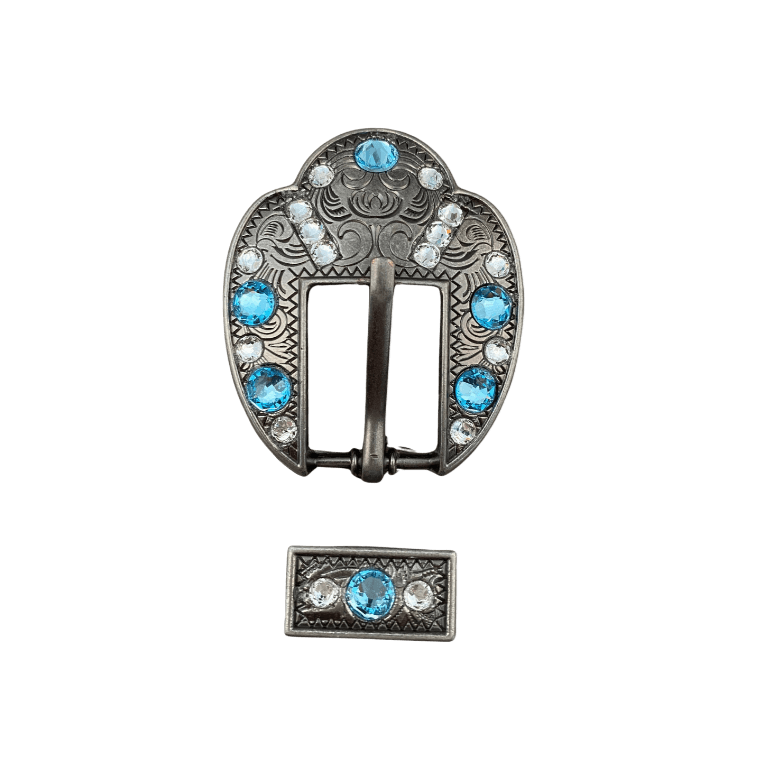 Aqua & Clear Antique Silver European Crystal Fancy Buckle - RODEO DRIVE