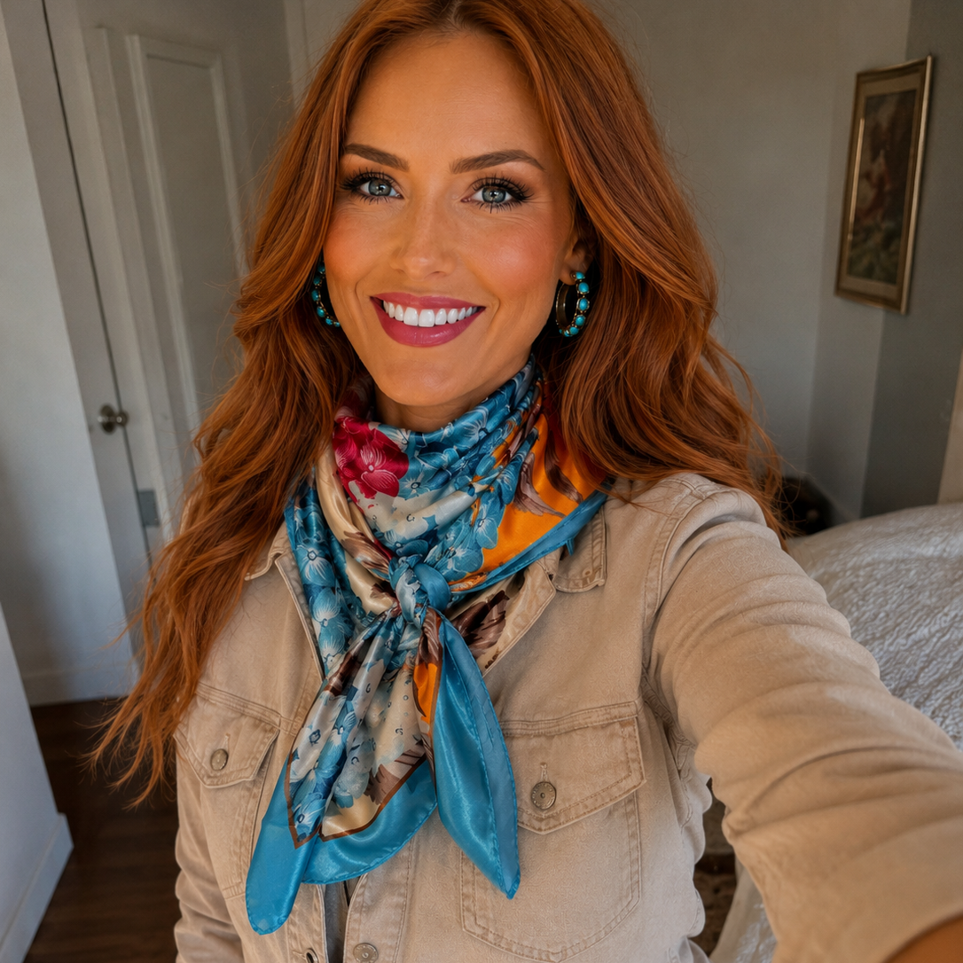 Woman wearing a colorful scarf and smiling indoors