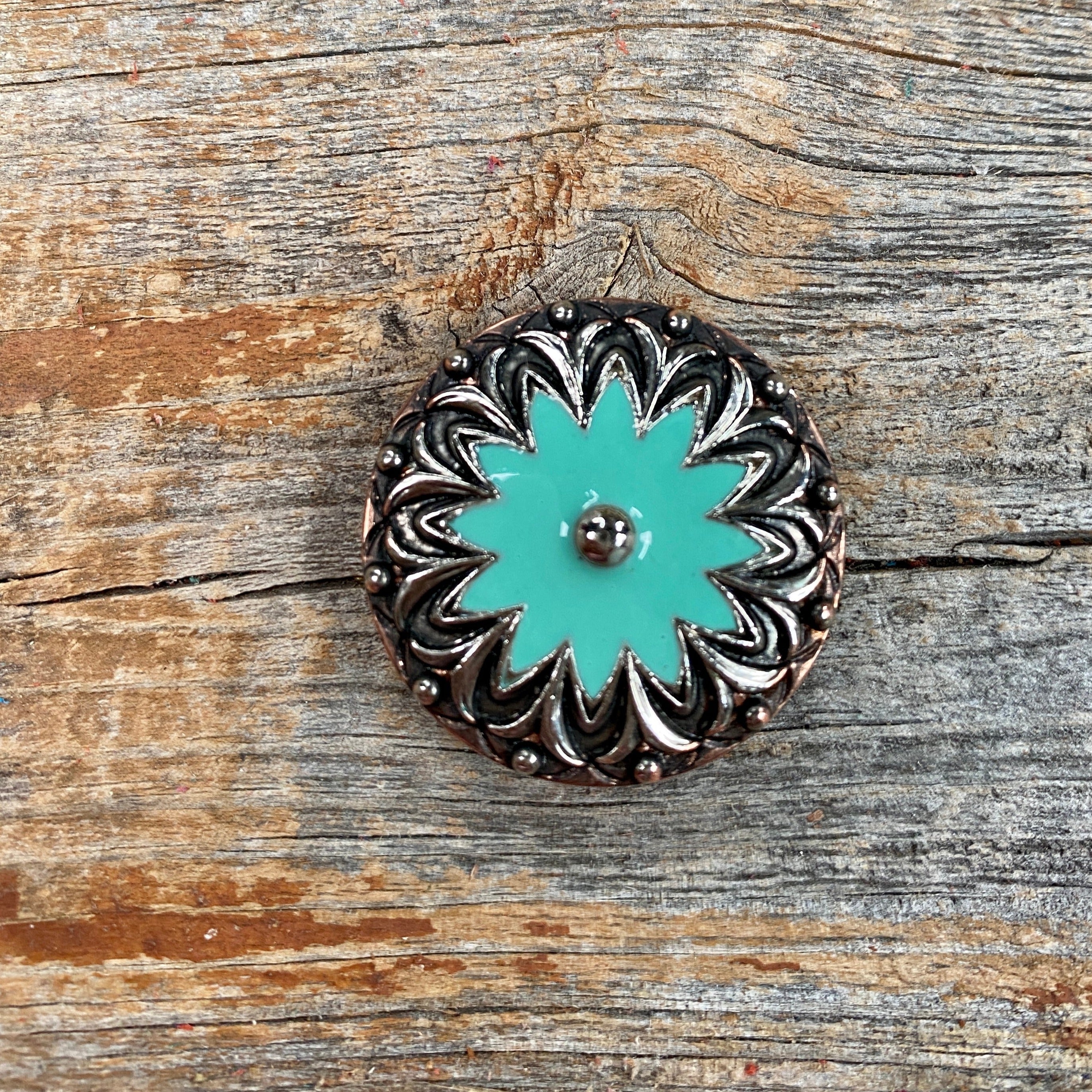 Copper & Antique Silver Turquoise Flower Western Concho W122