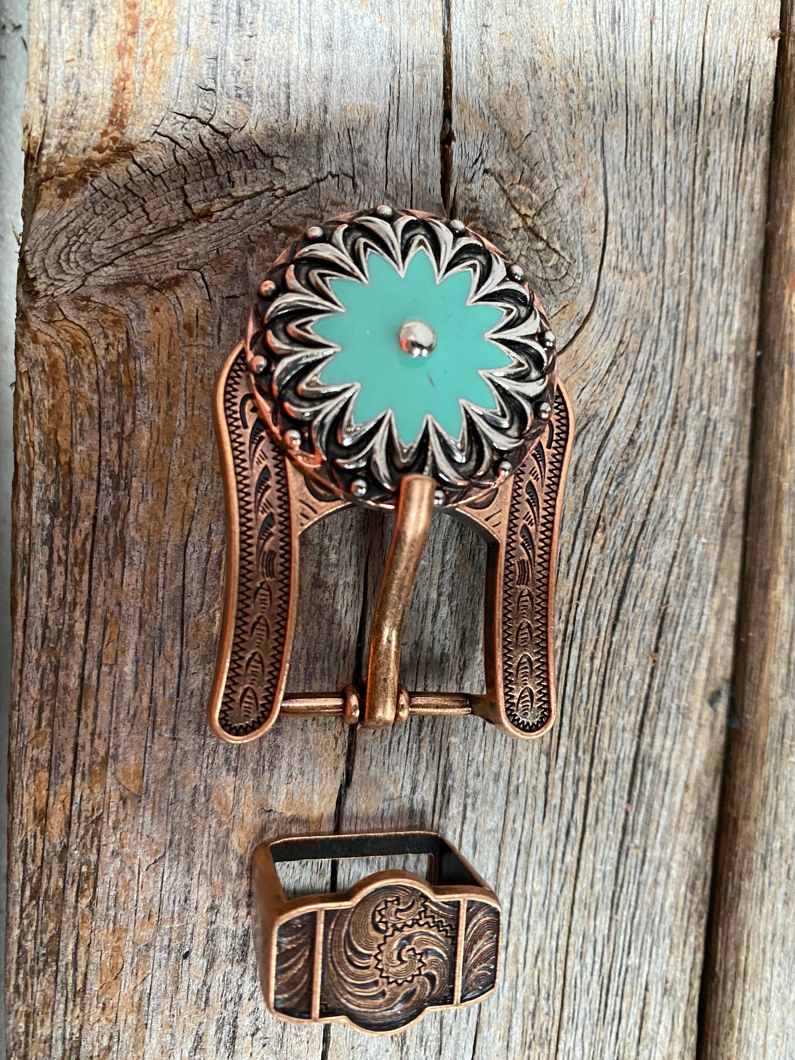 Copper & Antique Silver Turquoise Flower Western Concho W122
