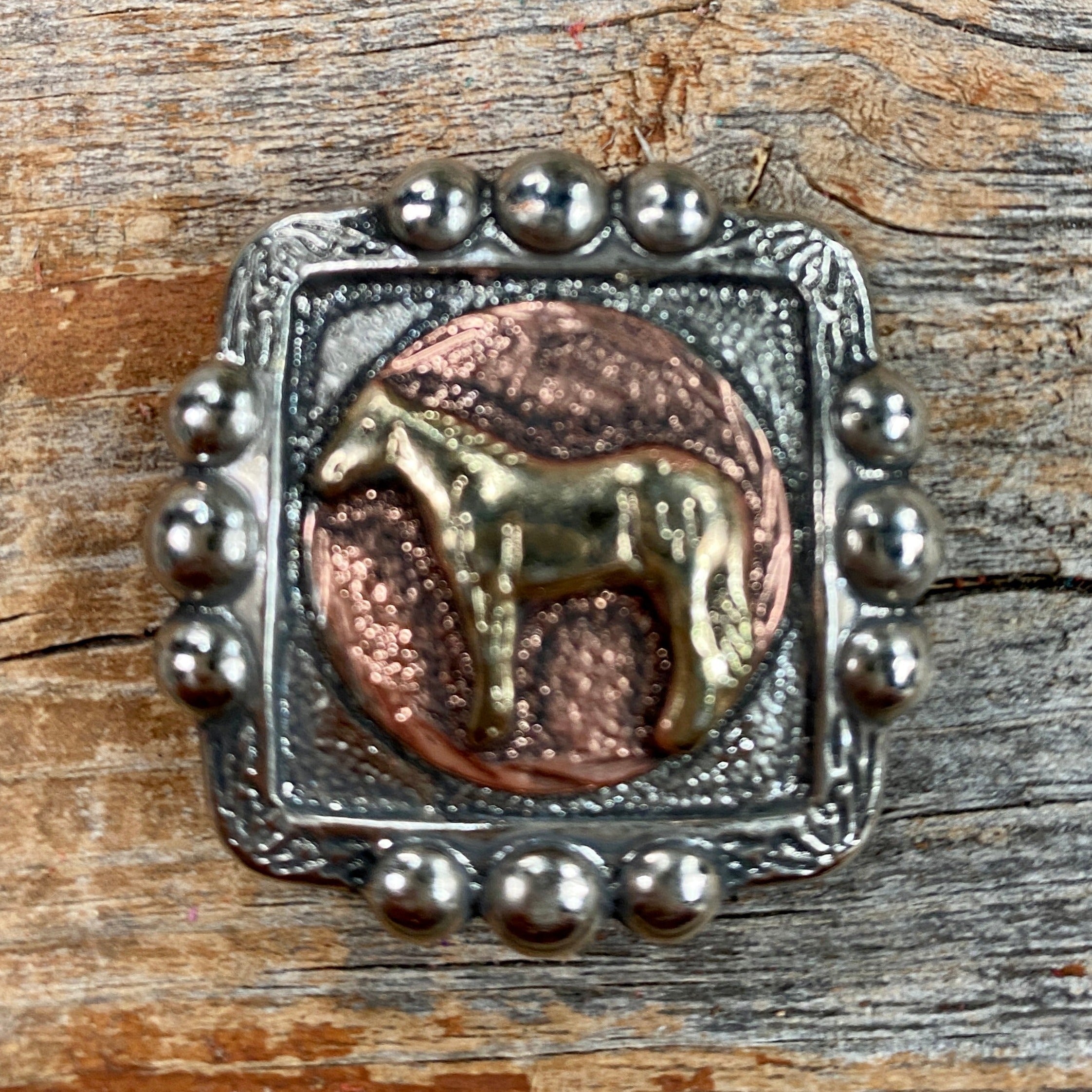 Antique Silver Square Concho with Gold Horse Western Concho W186