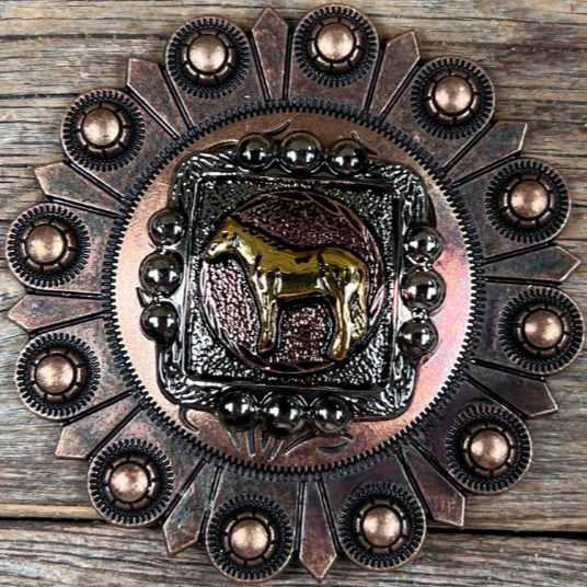 Antique Silver Square Concho with Gold Horse Western Concho W186