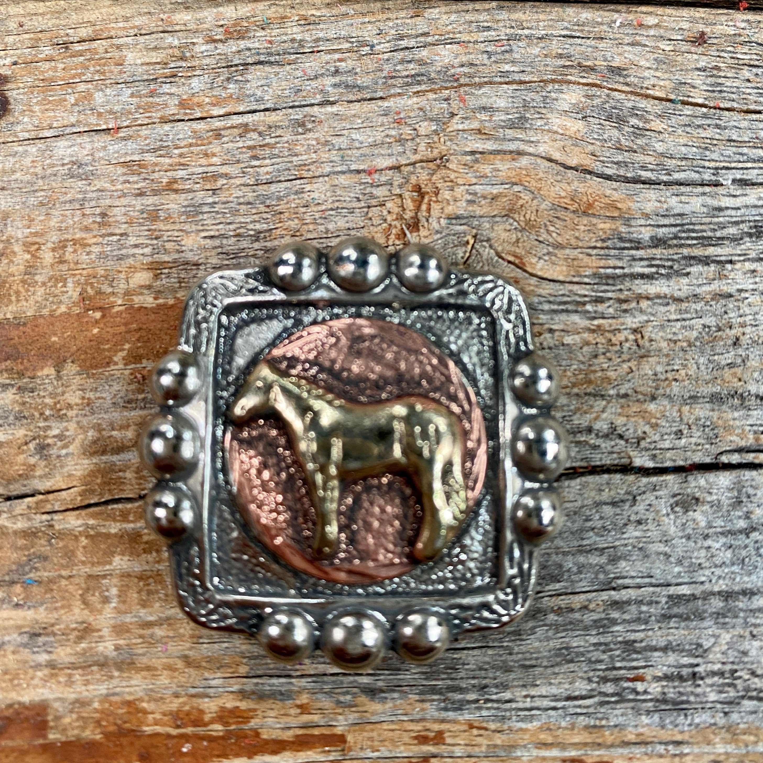 Antique Silver Square Concho with Gold Horse Western Concho W186