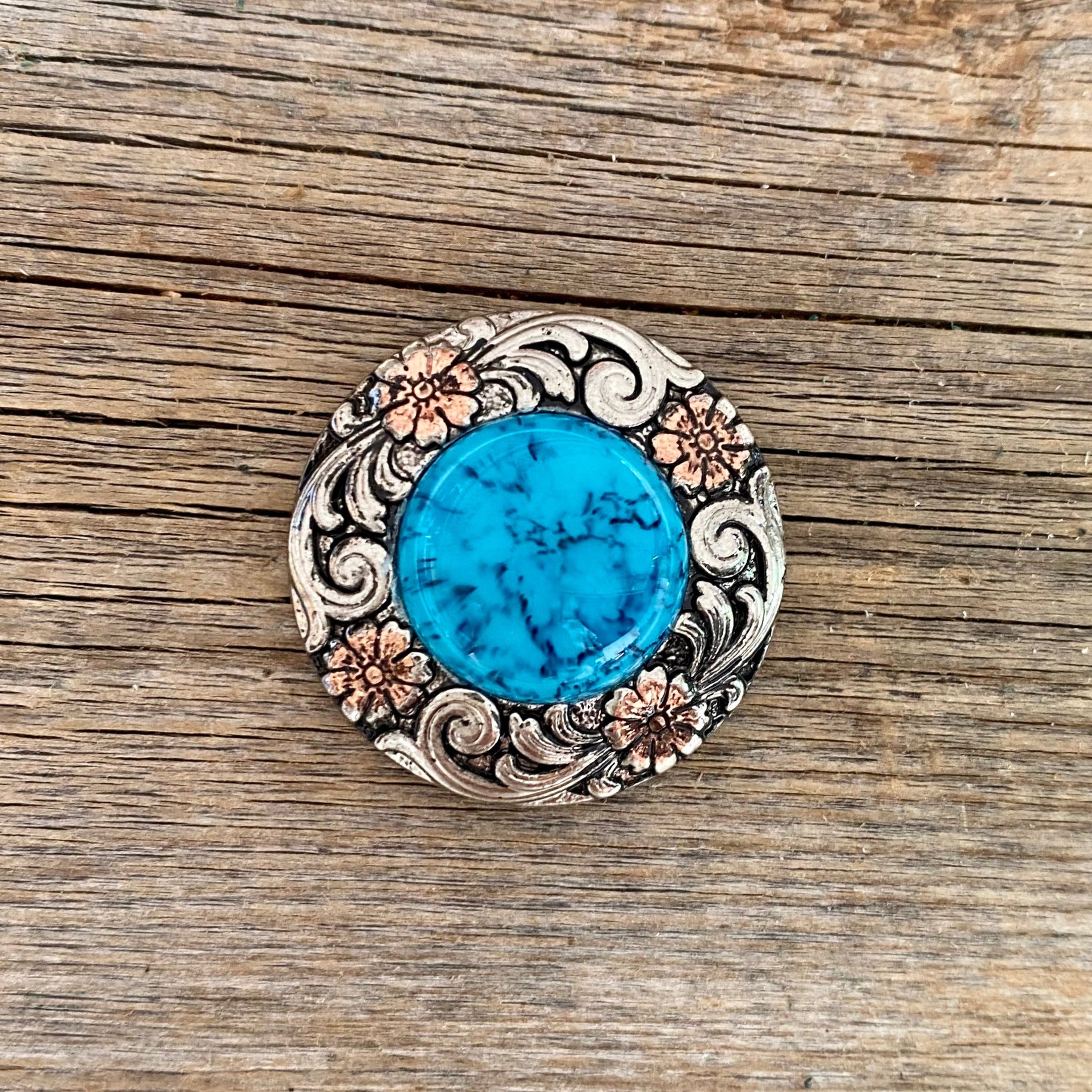 Antique Silver Turquoise Copper Floral Western Concho W222