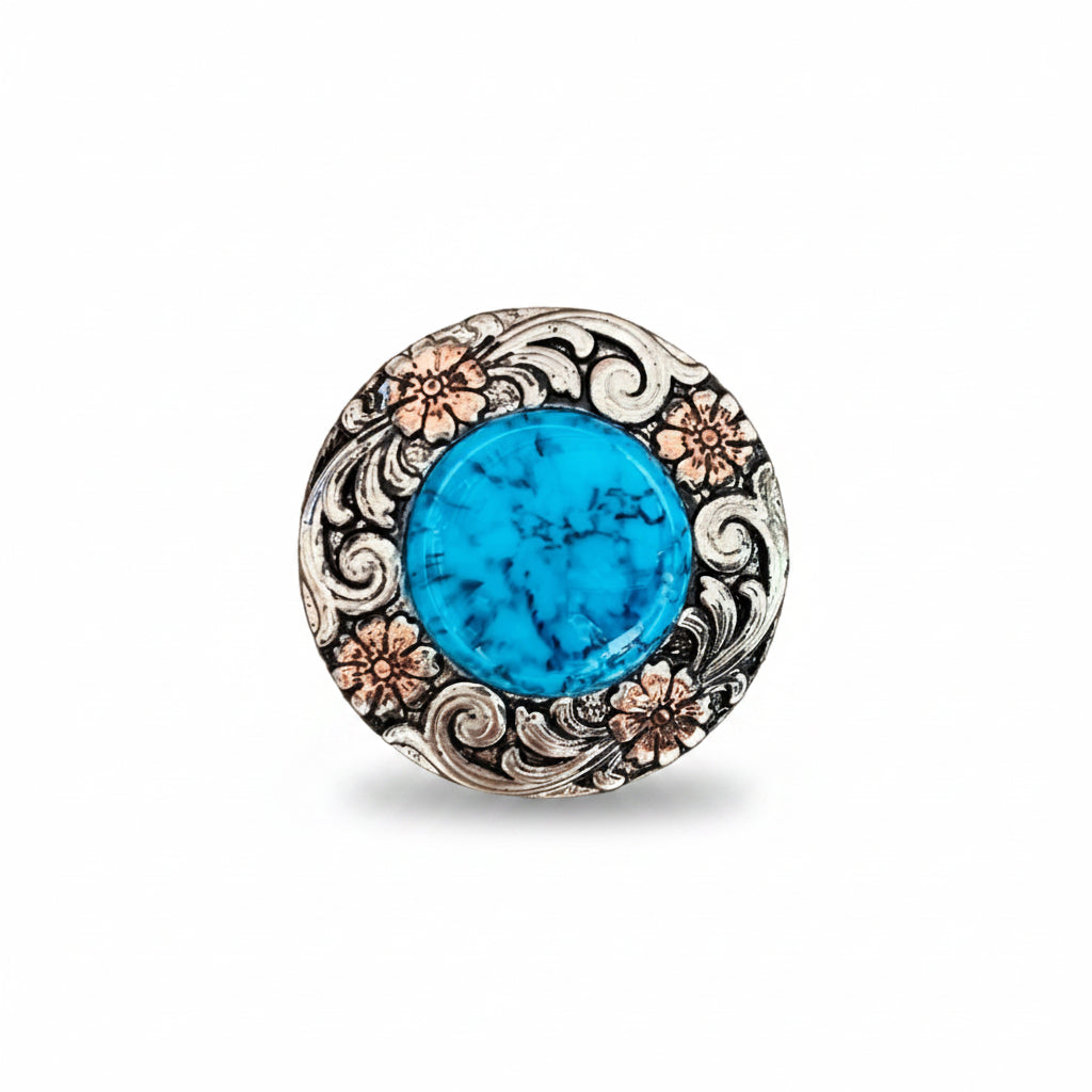 Antique Silver Turquoise Copper Floral Western Concho W222