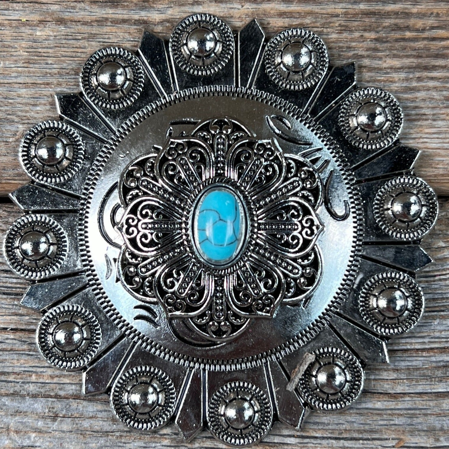 Antique Silver Filigree Floral Turquoise Western Concho W234
