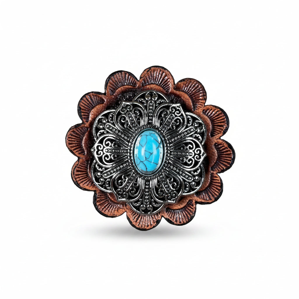 Antique Silver Filigree Floral Turquoise Western Concho W234