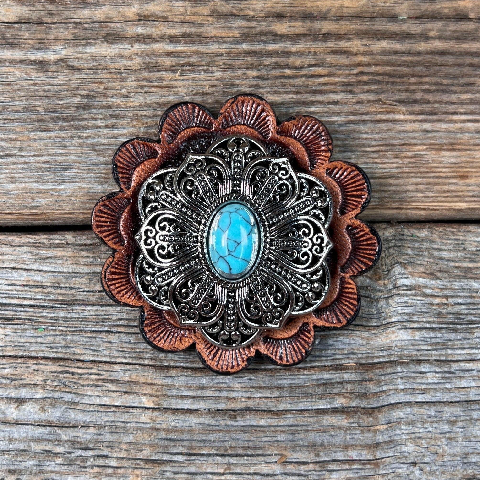 Antique Silver Filigree Floral Turquoise Western Concho W234