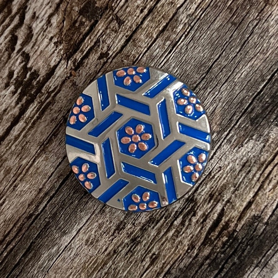 Antique Silver Blue Geometric Western Concho W236