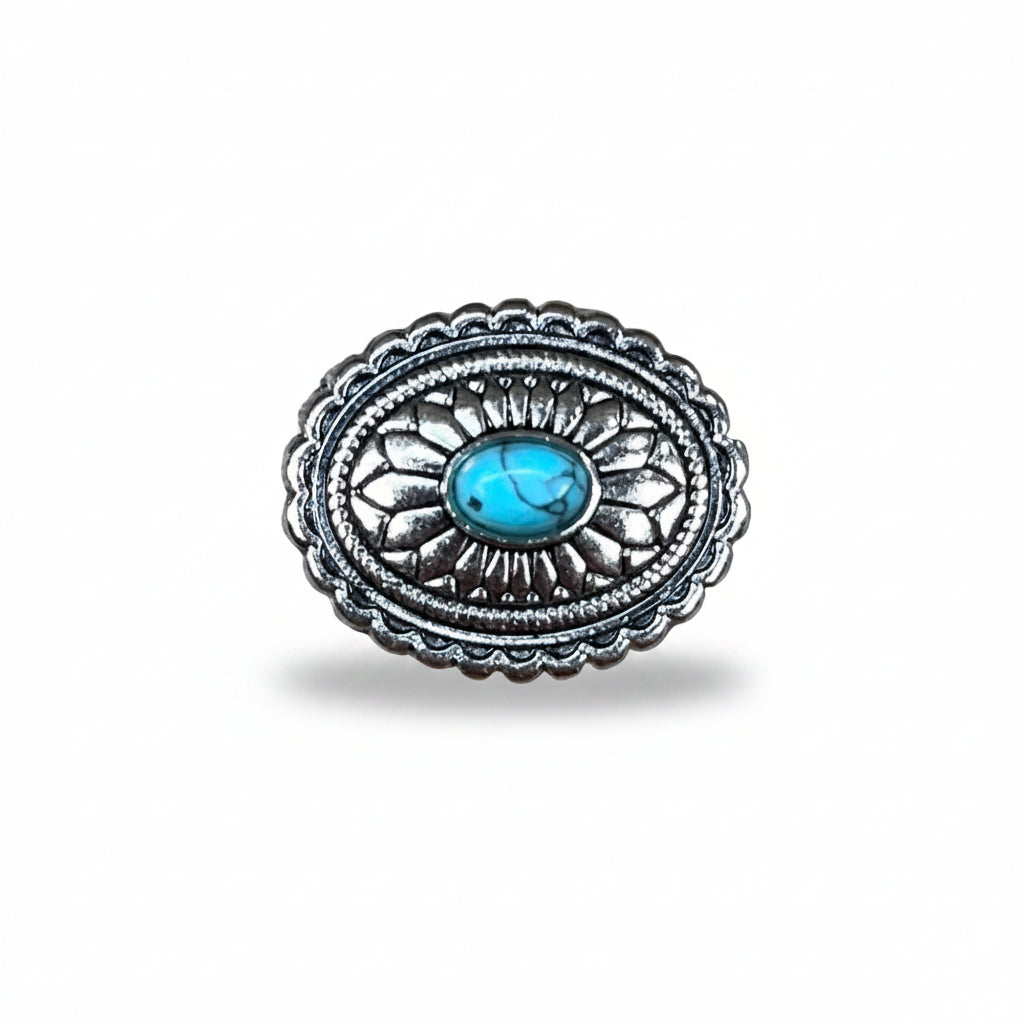 Antique Silver Oval Floral Turquoise Western Concho W237