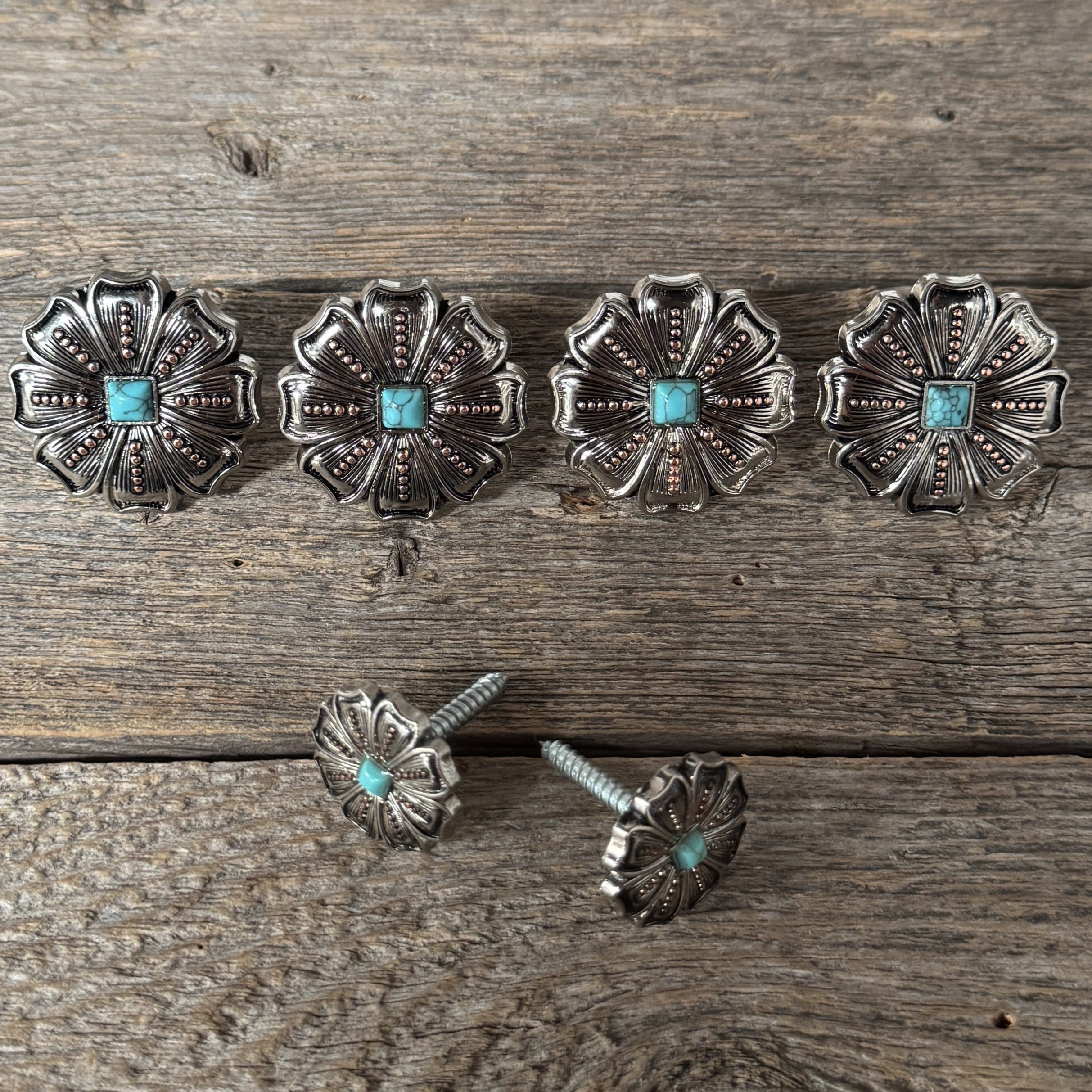 Antique Silver Flower with Copper Dots and Turquoise Saddle Set #SSW249