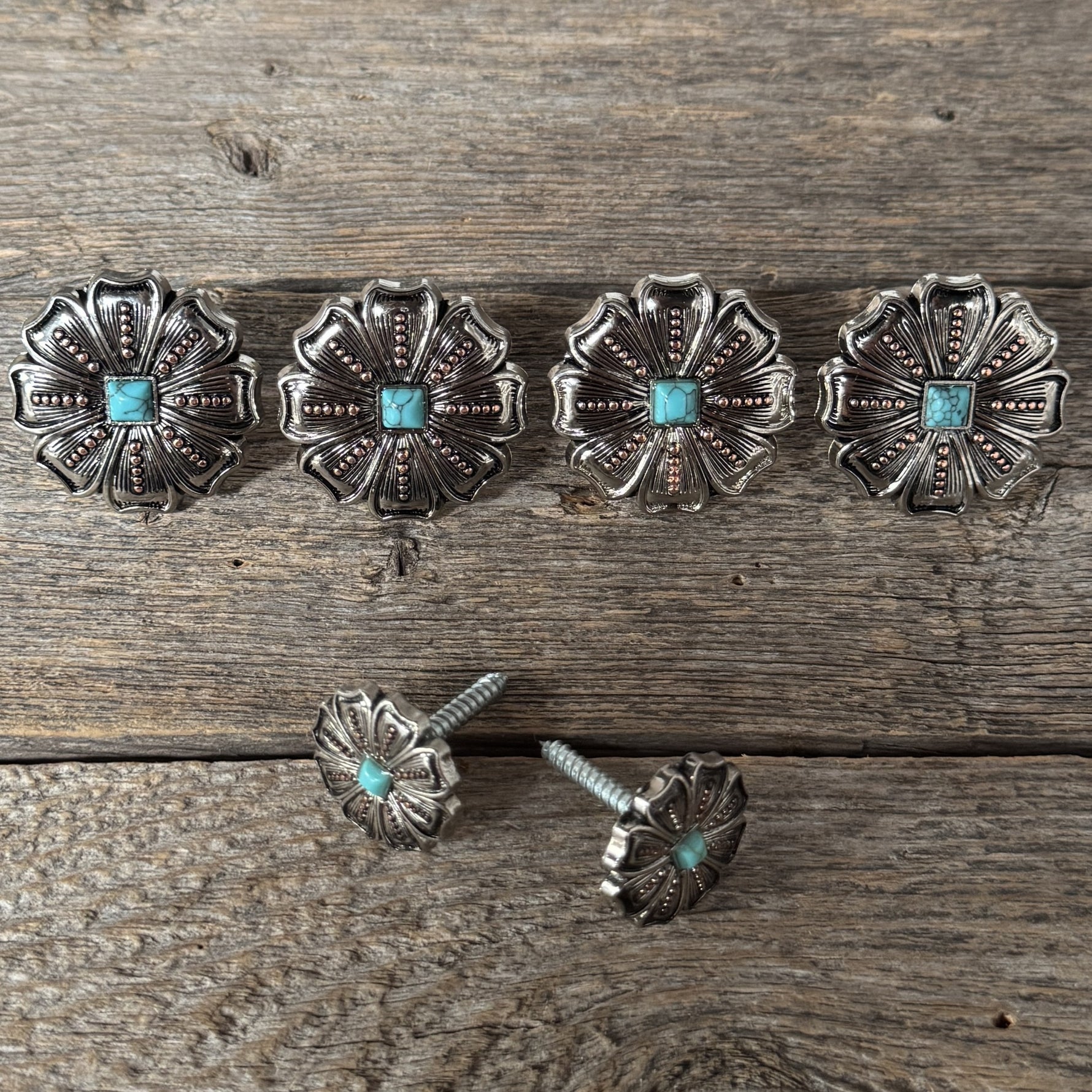 Antique Silver Flower with Copper Dots and Turquoise Saddle Set #SSW249