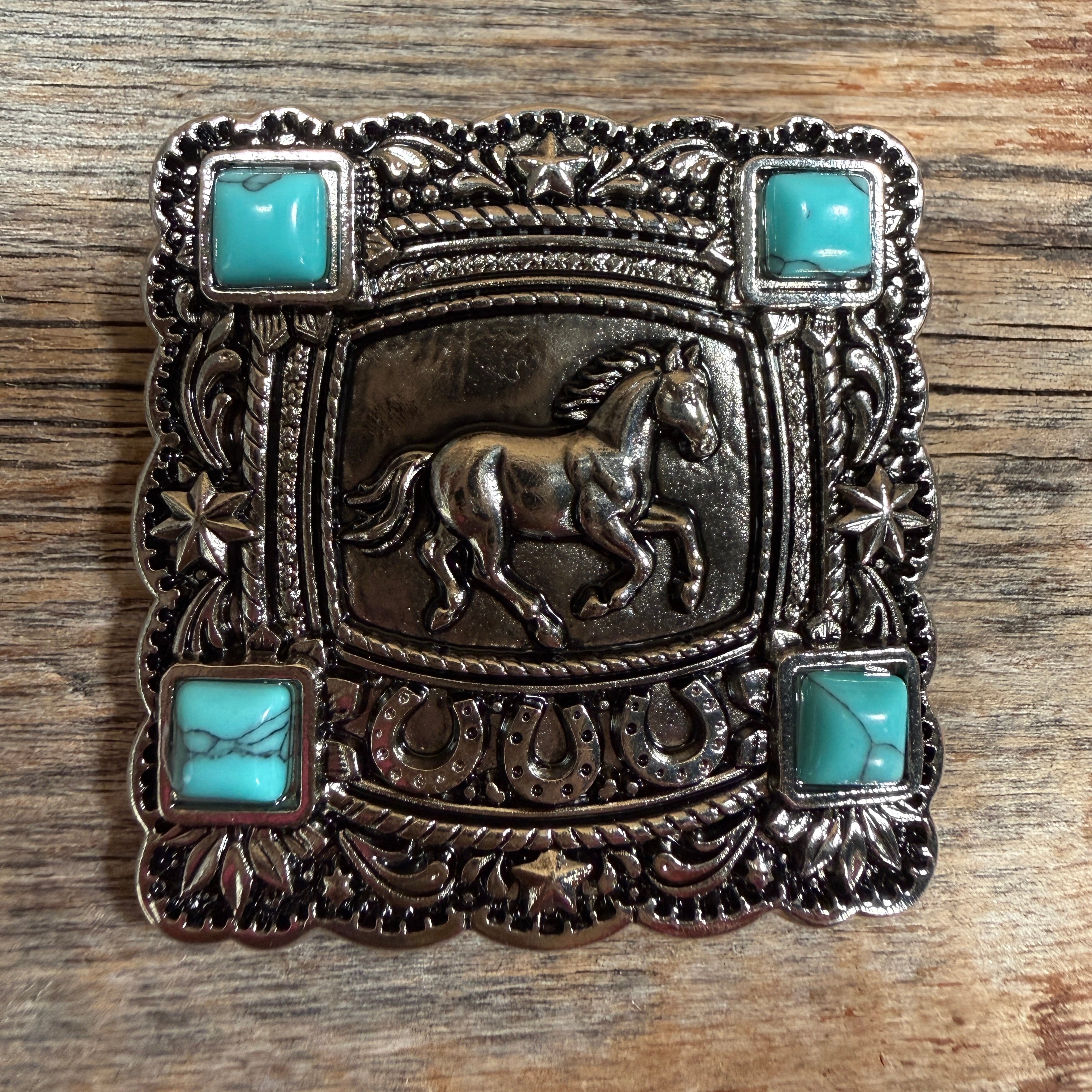 Antique Silver Horse & Turquoise Square Western Concho W259L