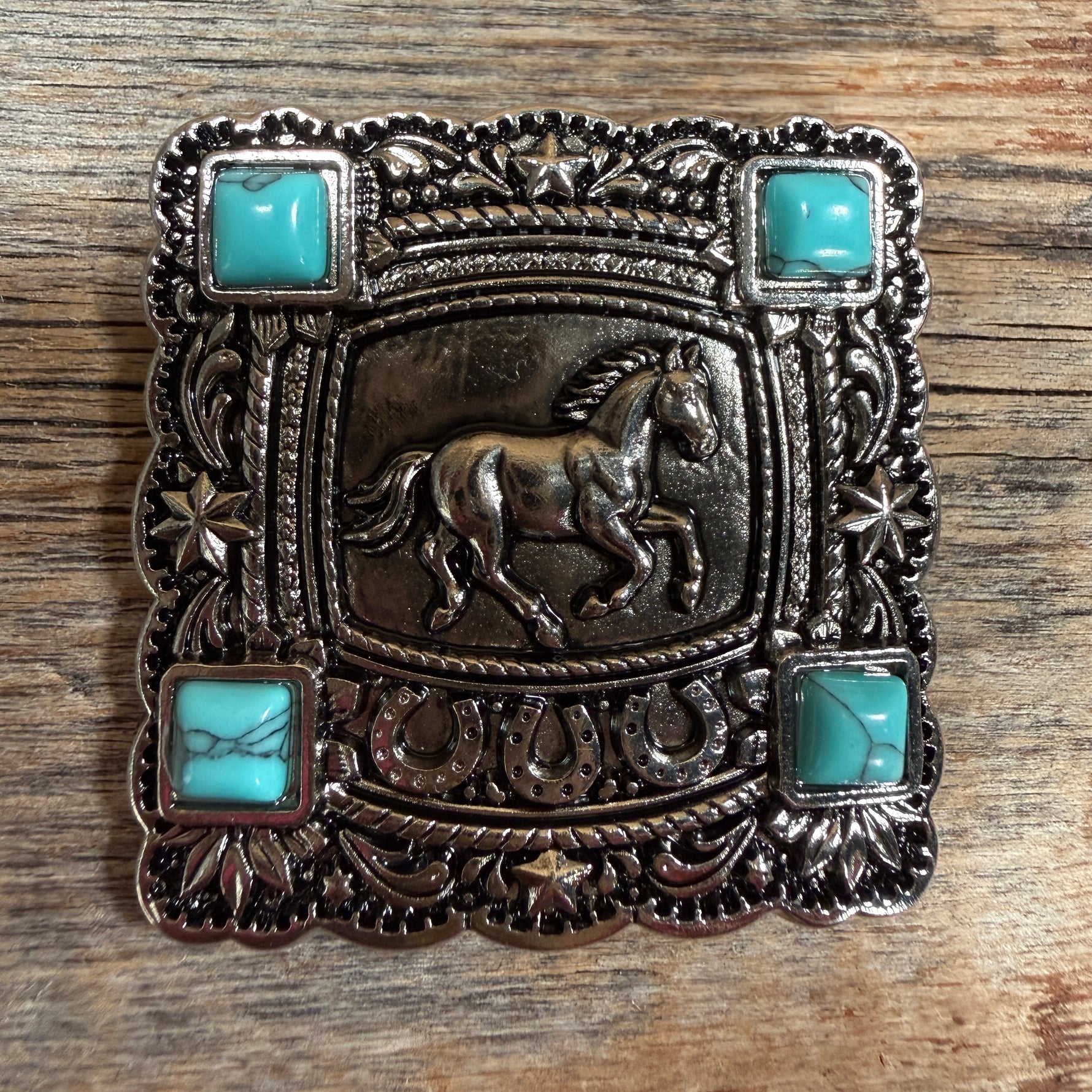 Antique Silver Horse & Turquoise Square Western Concho W259L