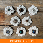 White Carnations Leather Flowers - 1" Crystal Conchos - Options