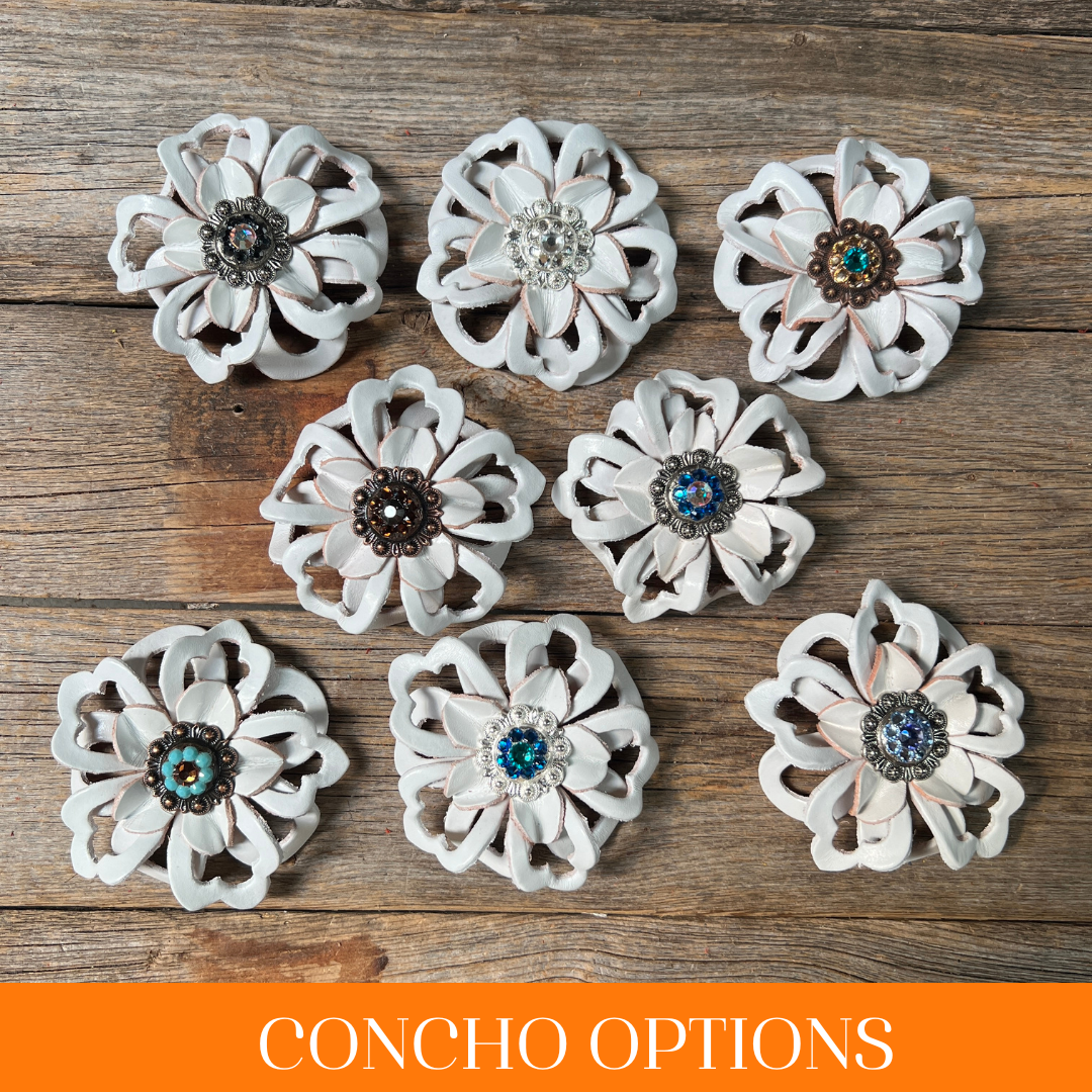 White Lotus Leather Flowers - 1" Crystal Conchos - Options