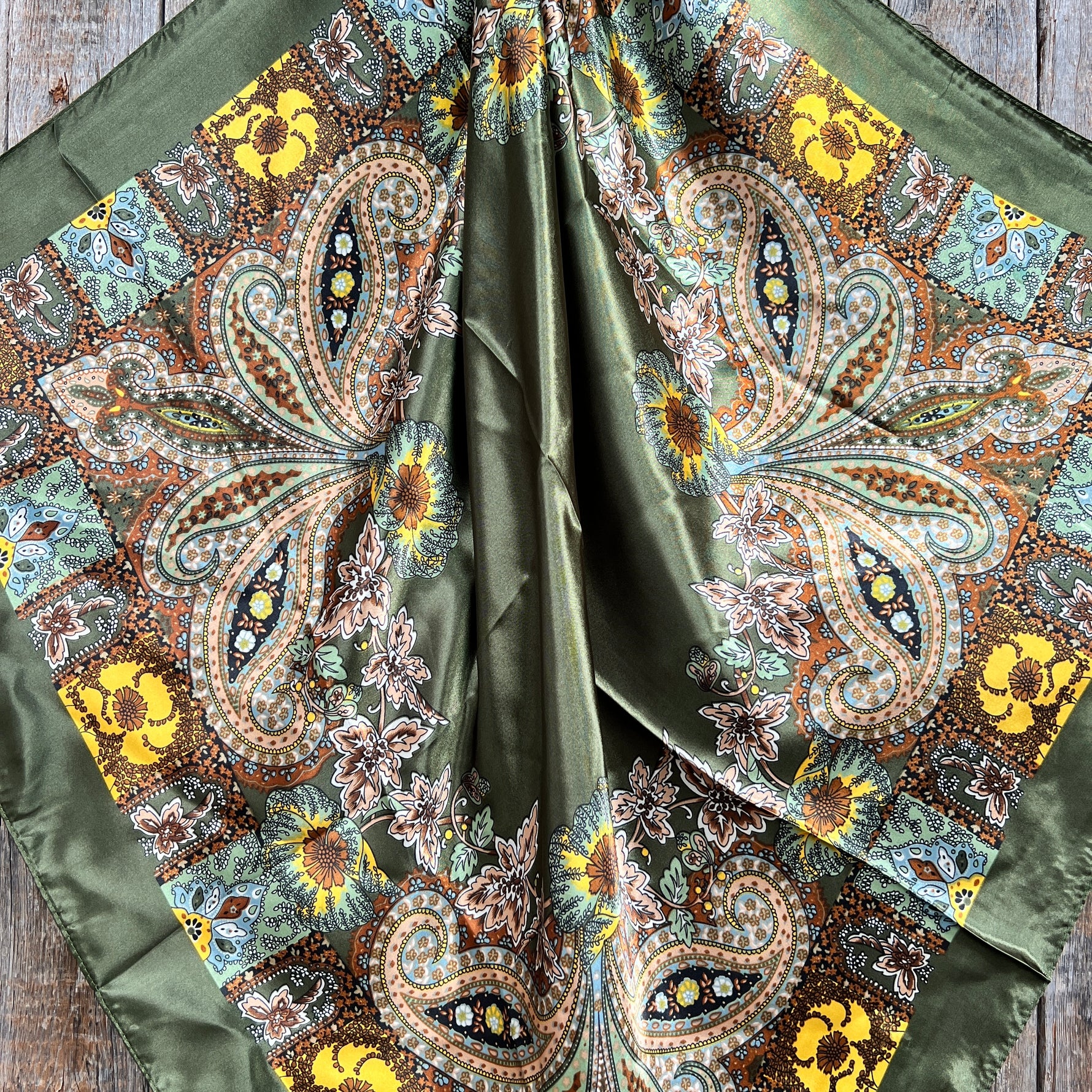 35X35" Olive Tone Paisley Wild Rag / Scarf -Copper Fern and Clear Slide WRC1001B