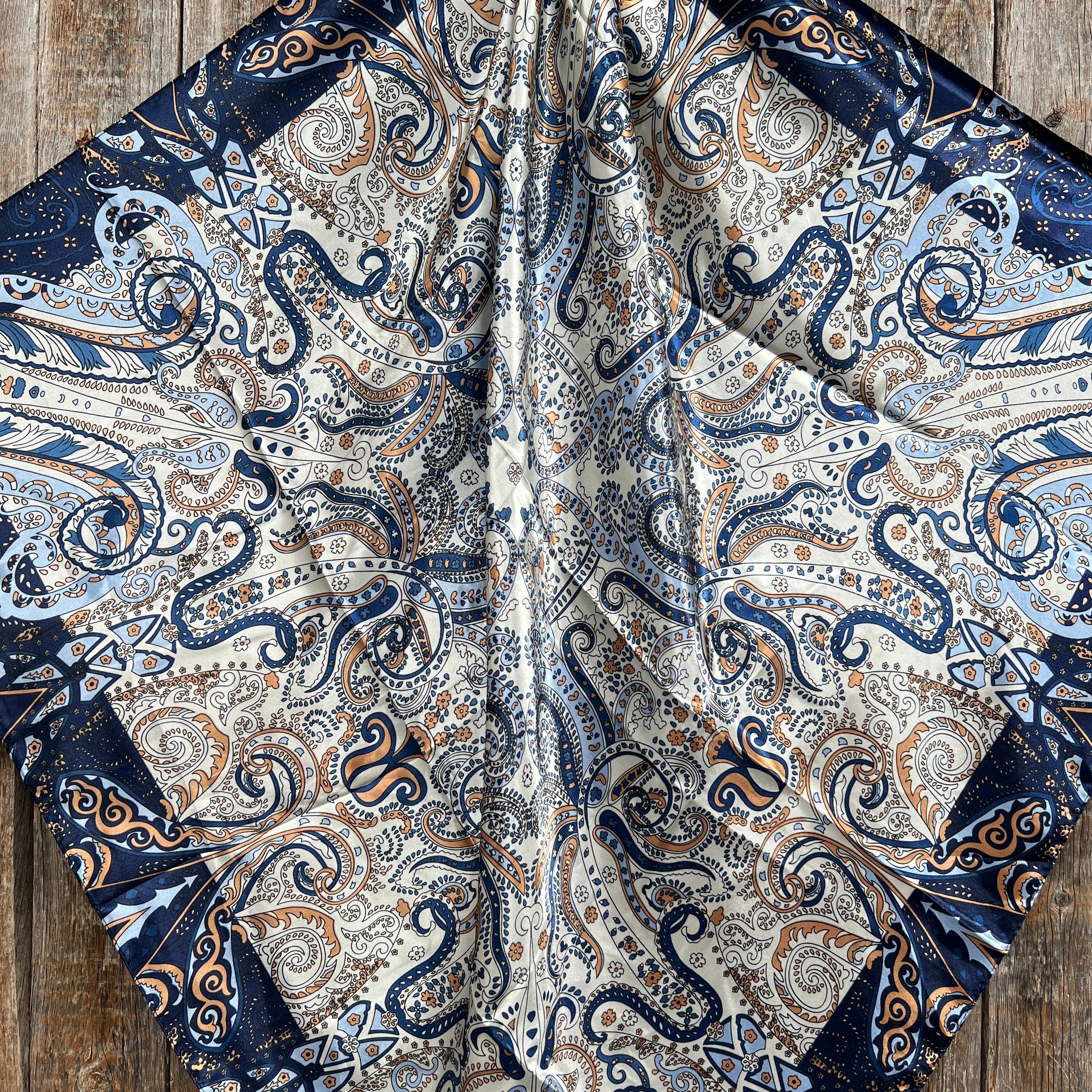 35X35" Blue, Cream and Tan Paisley Wild Rag / Scarf -W197B Slide WRC1002A