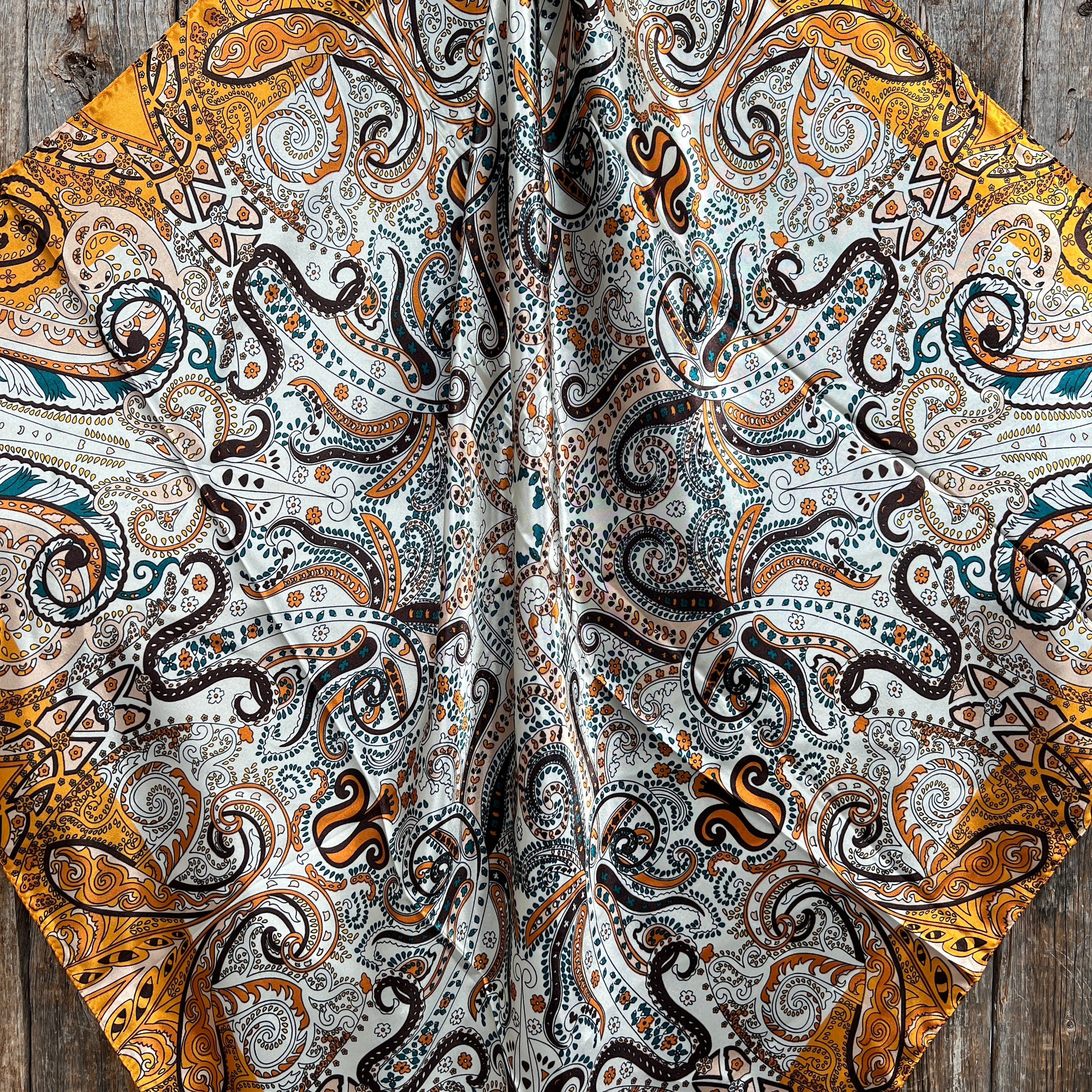 35X35" Golden, Green and Brown Paisley Wild Rag / Scarf -W132L Slide WRC1003A