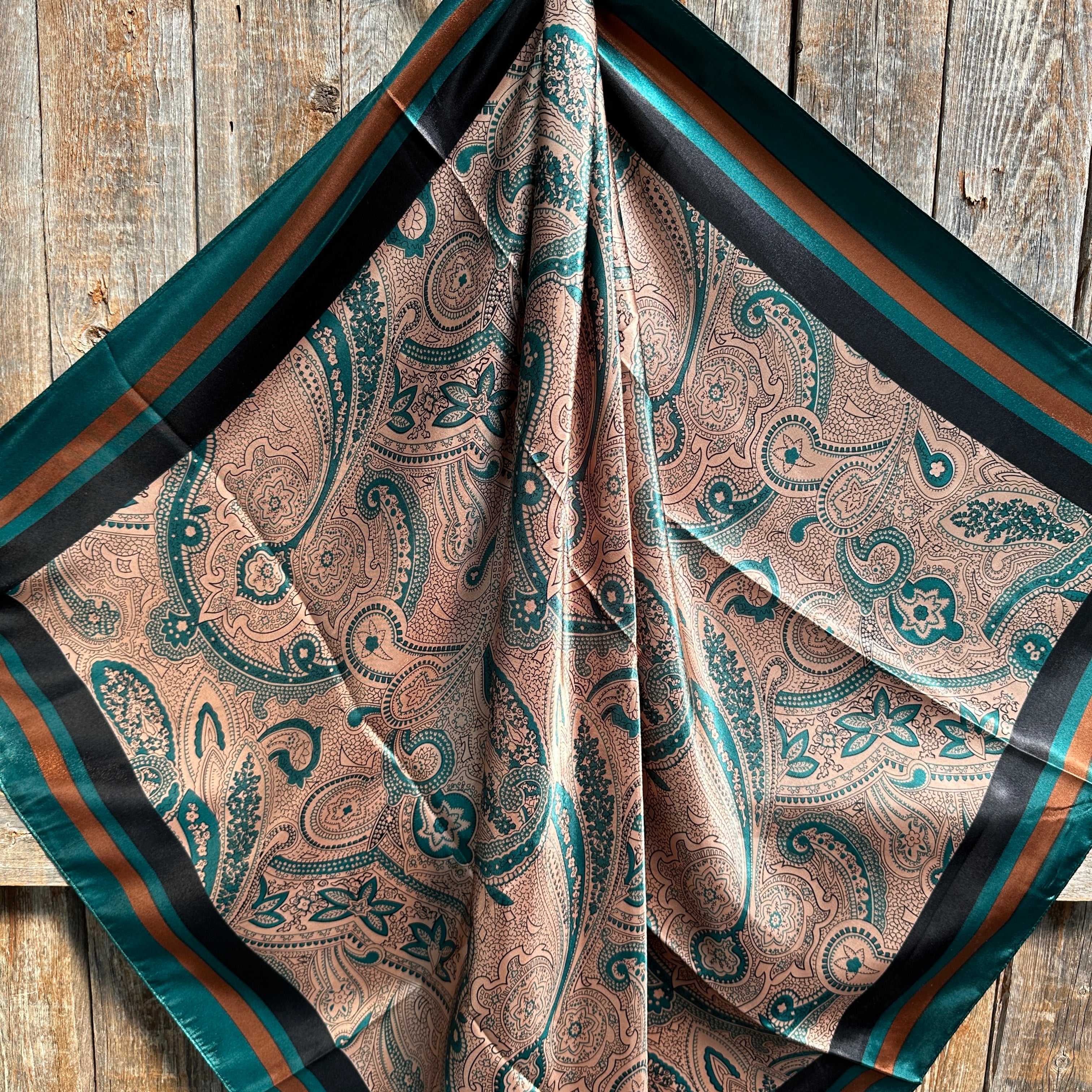 35X35" Emerald and Tan Paisley Wild Rag / Scarf WR1004 - Tooled Leather Wild Rag Slides - Assorted