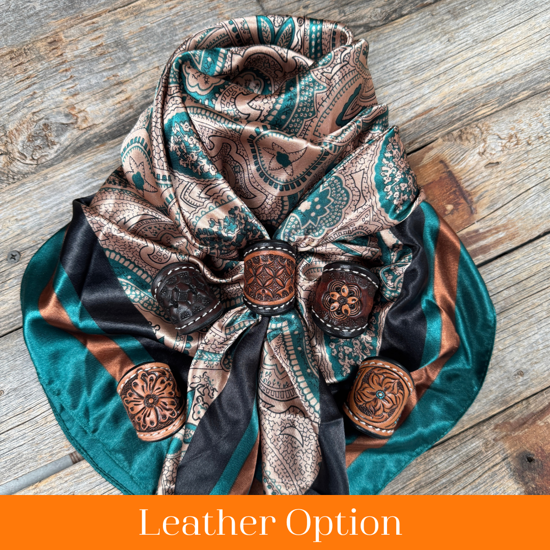 35X35" Emerald and Tan Paisley Wild Rag / Scarf WR1004 - Tooled Leather Wild Rag Slides - Assorted