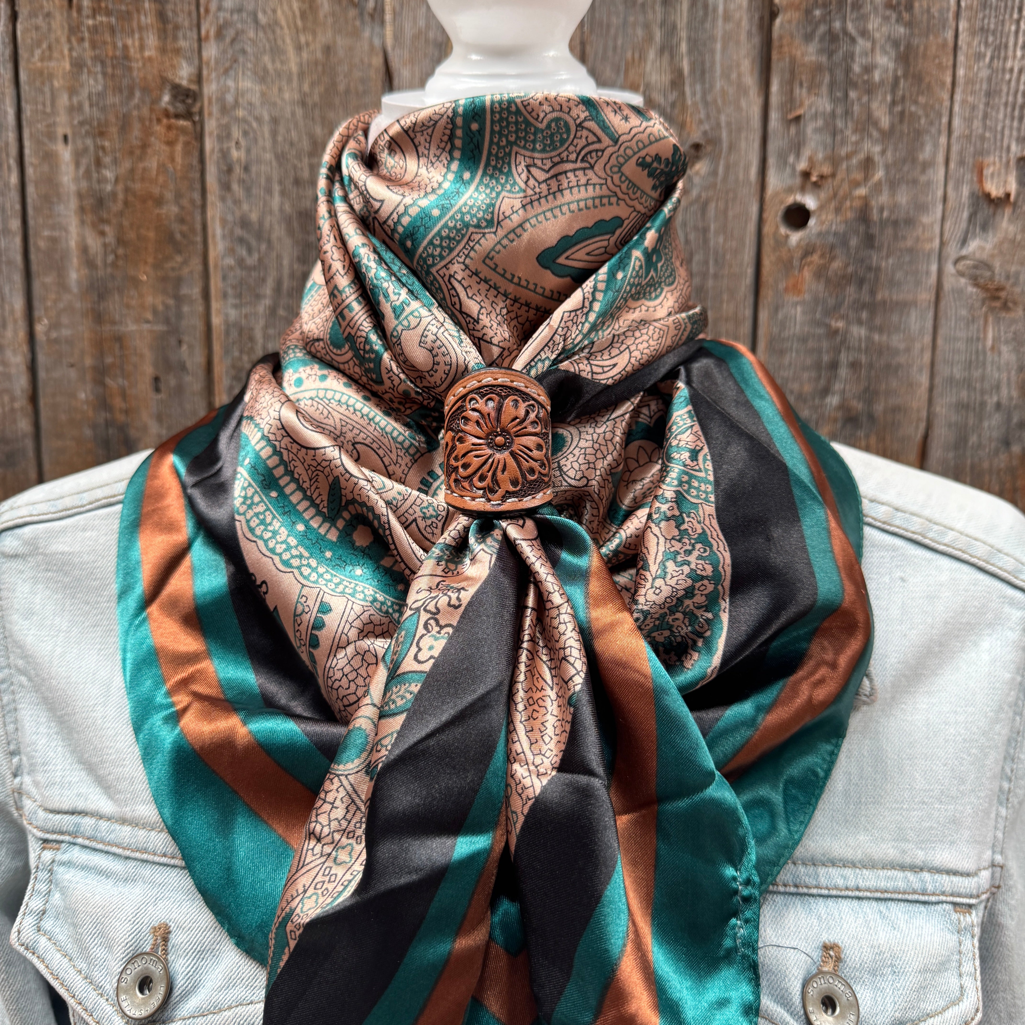 35X35" Emerald and Tan Paisley Wild Rag / Scarf WR1004 - Tooled Leather Wild Rag Slides - Assorted