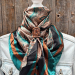 35X35" Emerald and Tan Paisley Wild Rag / Scarf WR1004 - Tooled Leather Wild Rag Slides - Assorted