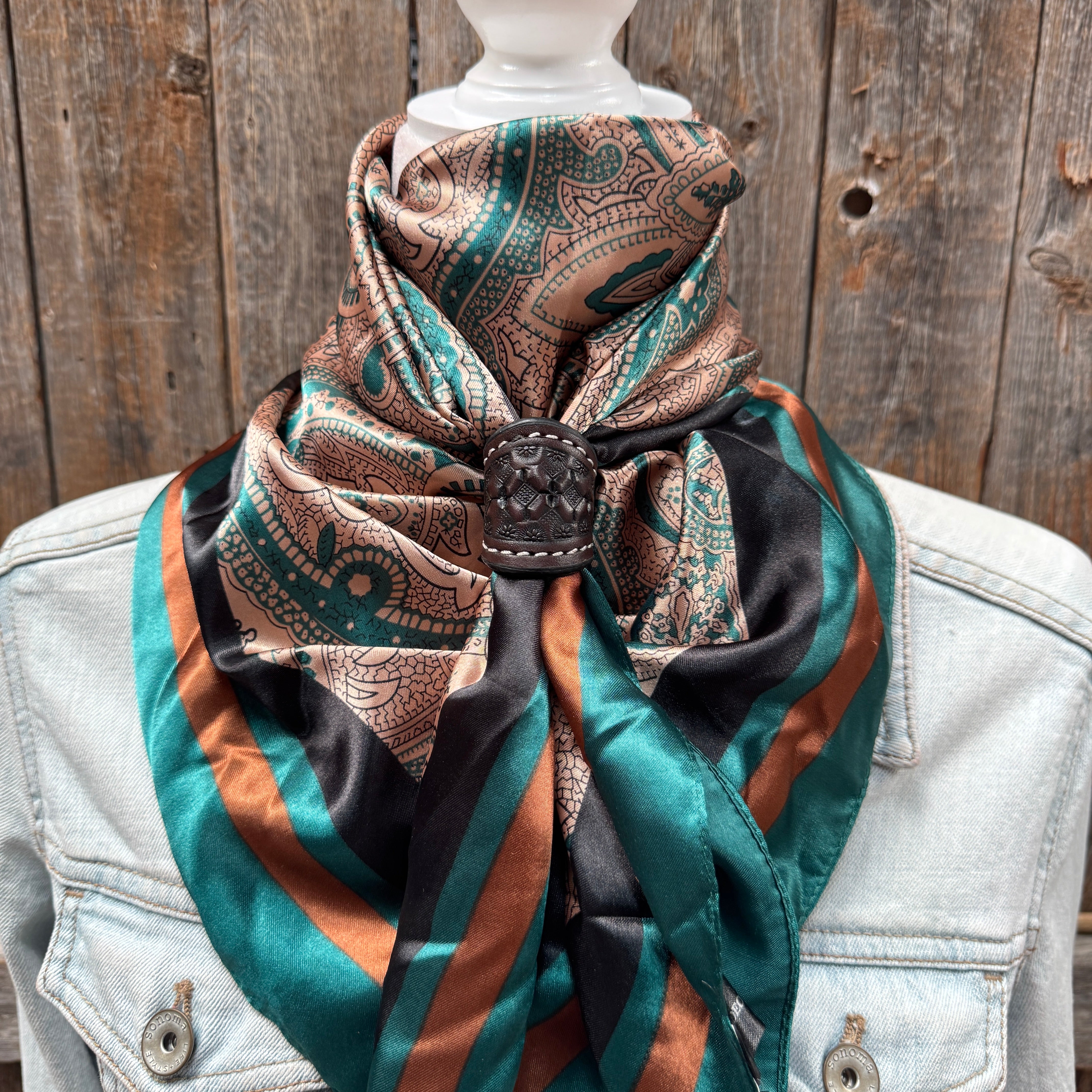 35X35" Emerald and Tan Paisley Wild Rag / Scarf WR1004 - Tooled Leather Wild Rag Slides - Assorted