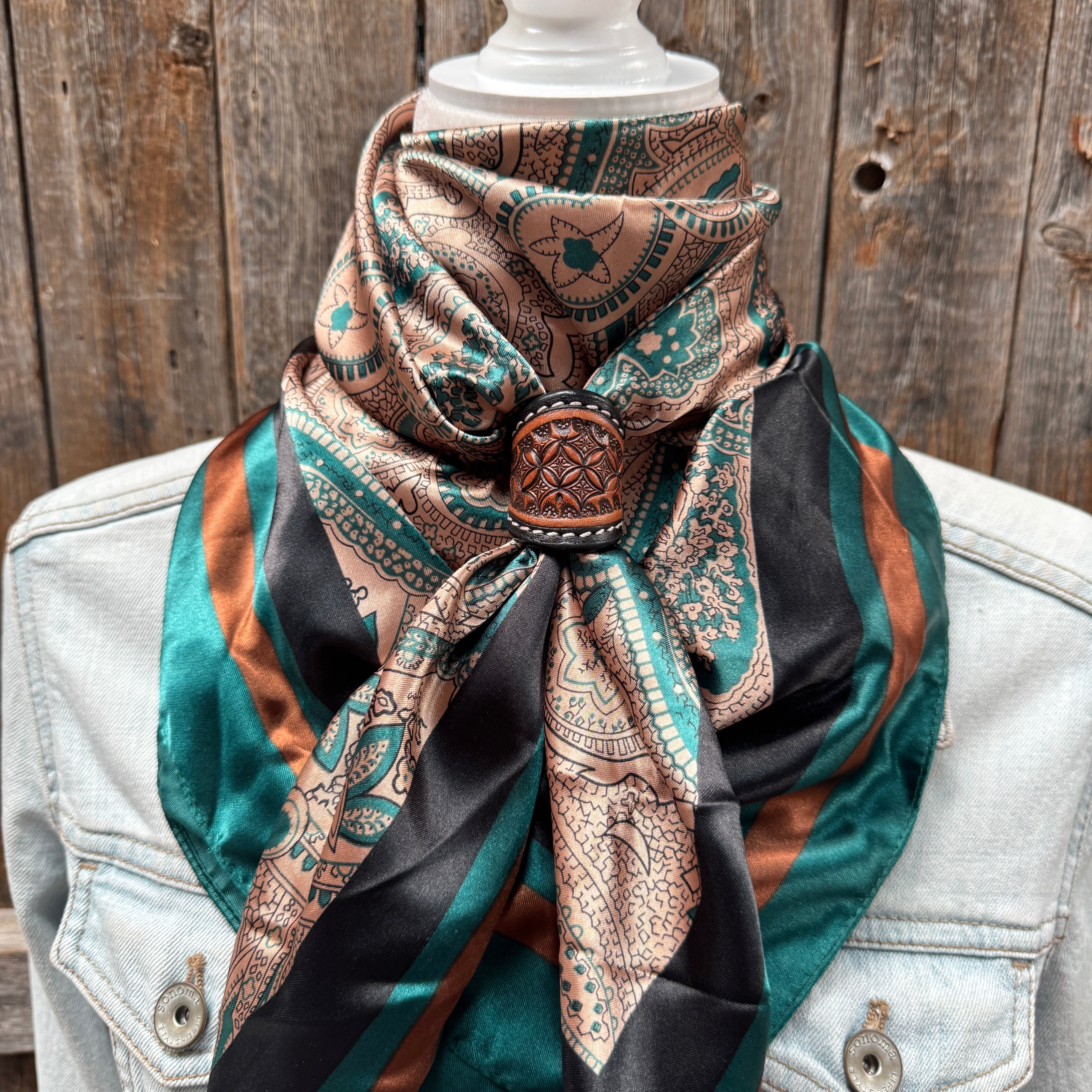 35X35" Emerald and Tan Paisley Wild Rag / Scarf WR1004 - Tooled Leather Wild Rag Slides - Assorted