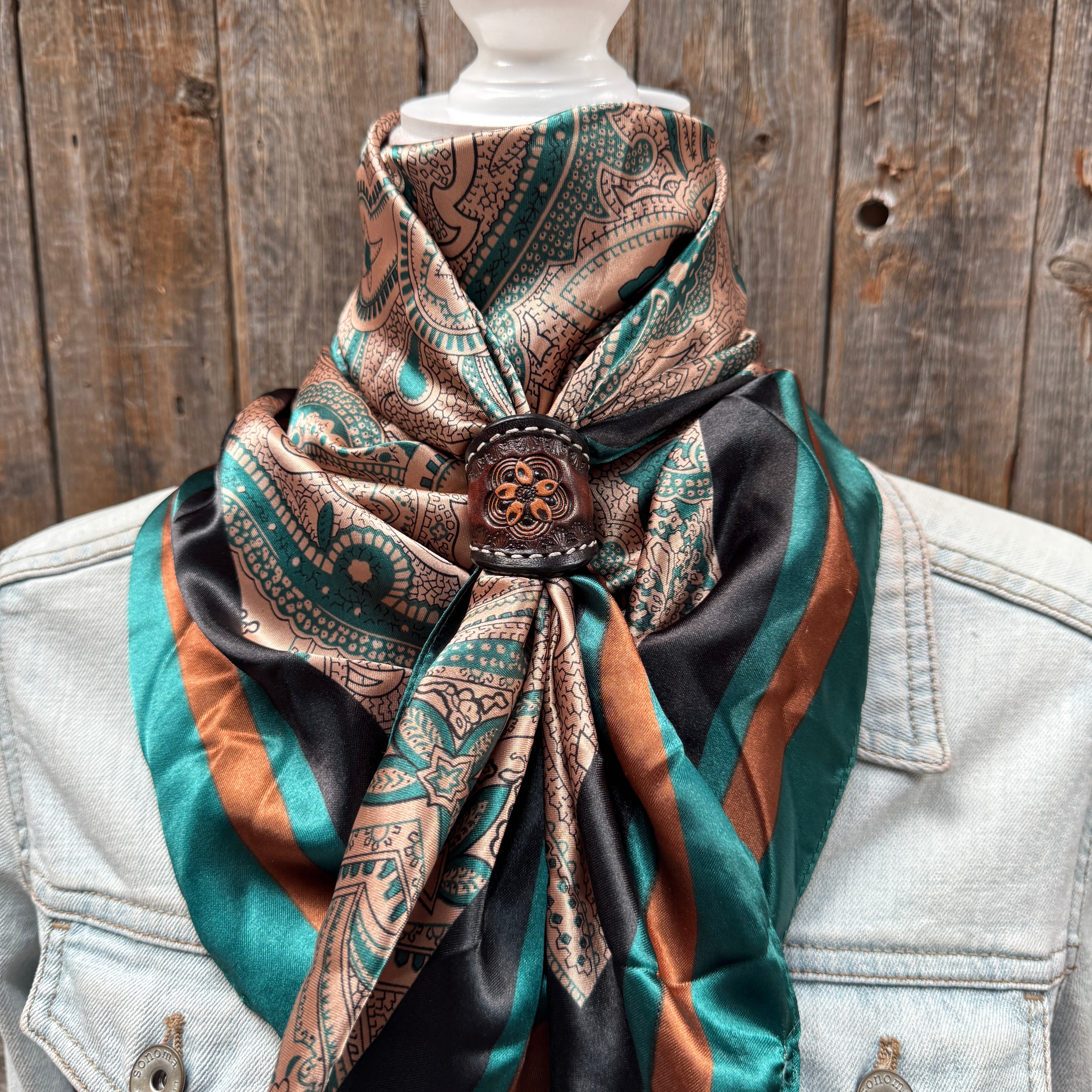 35X35" Emerald and Tan Paisley Wild Rag / Scarf WR1004 - Tooled Leather Wild Rag Slides - Assorted