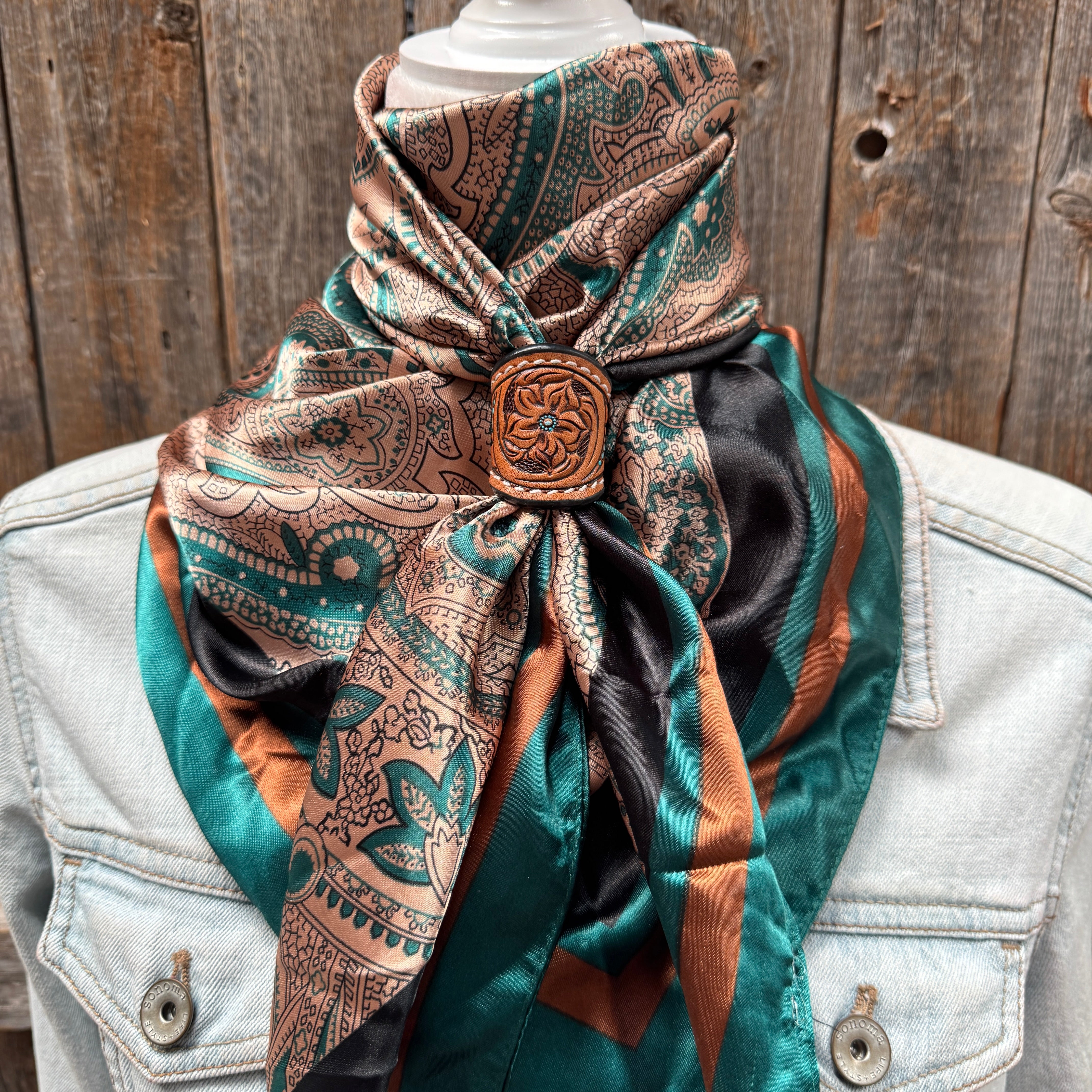 35X35" Emerald and Tan Paisley Wild Rag / Scarf WR1004 - Tooled Leather Wild Rag Slides - Assorted