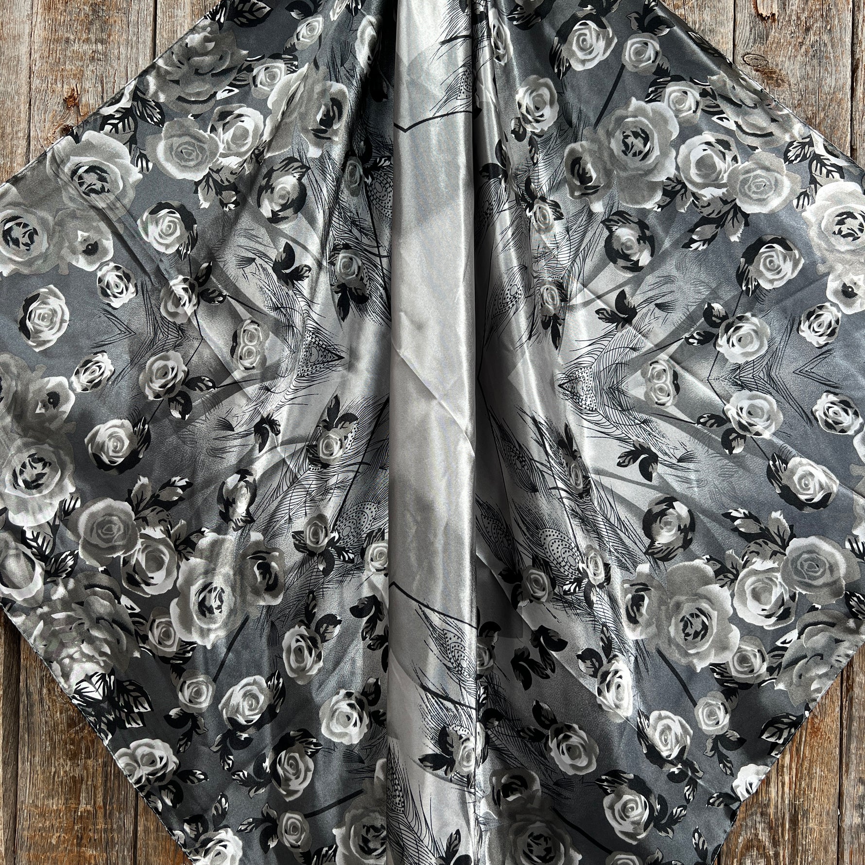 35X35" Grey Roses Wild Rag / Scarf -Antique Silver Turquoise and Clear Slide WRC1008B