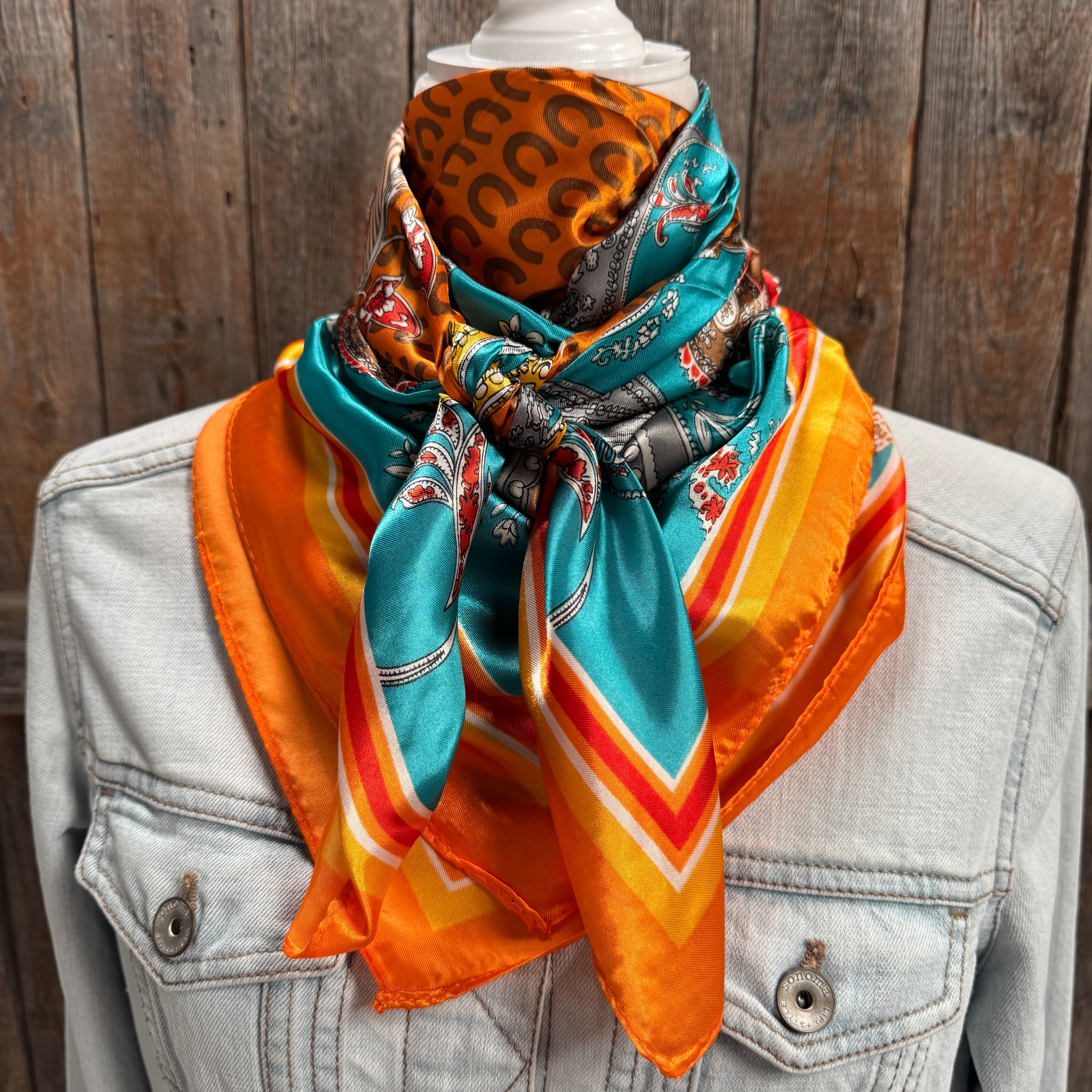 35X35" Orange and Turquoise Horse Shoe Paisley Wild Rag / Scarf WR1033