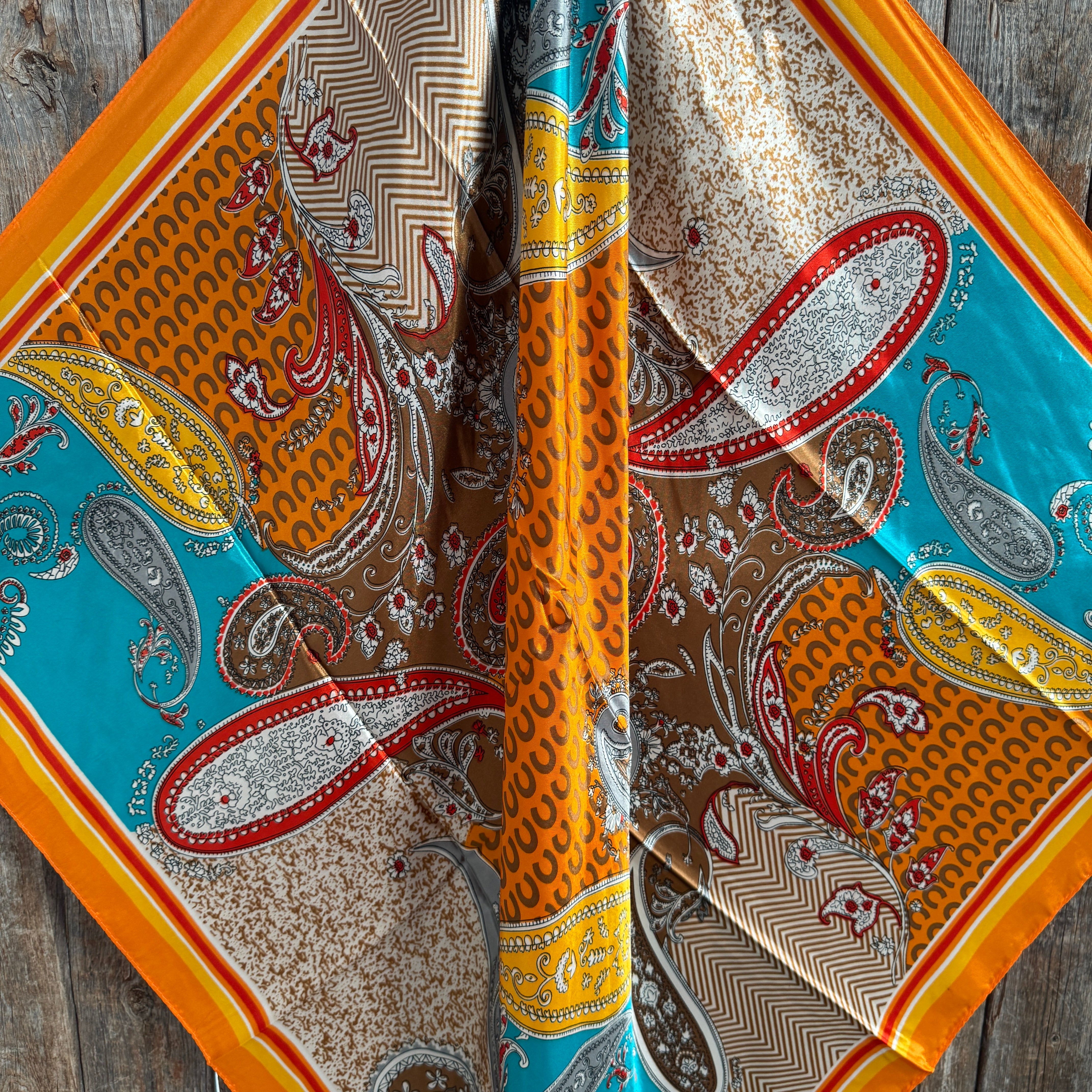 35X35" Orange and Turquoise Horse Shoe Paisley Wild Rag / Scarf WR1033