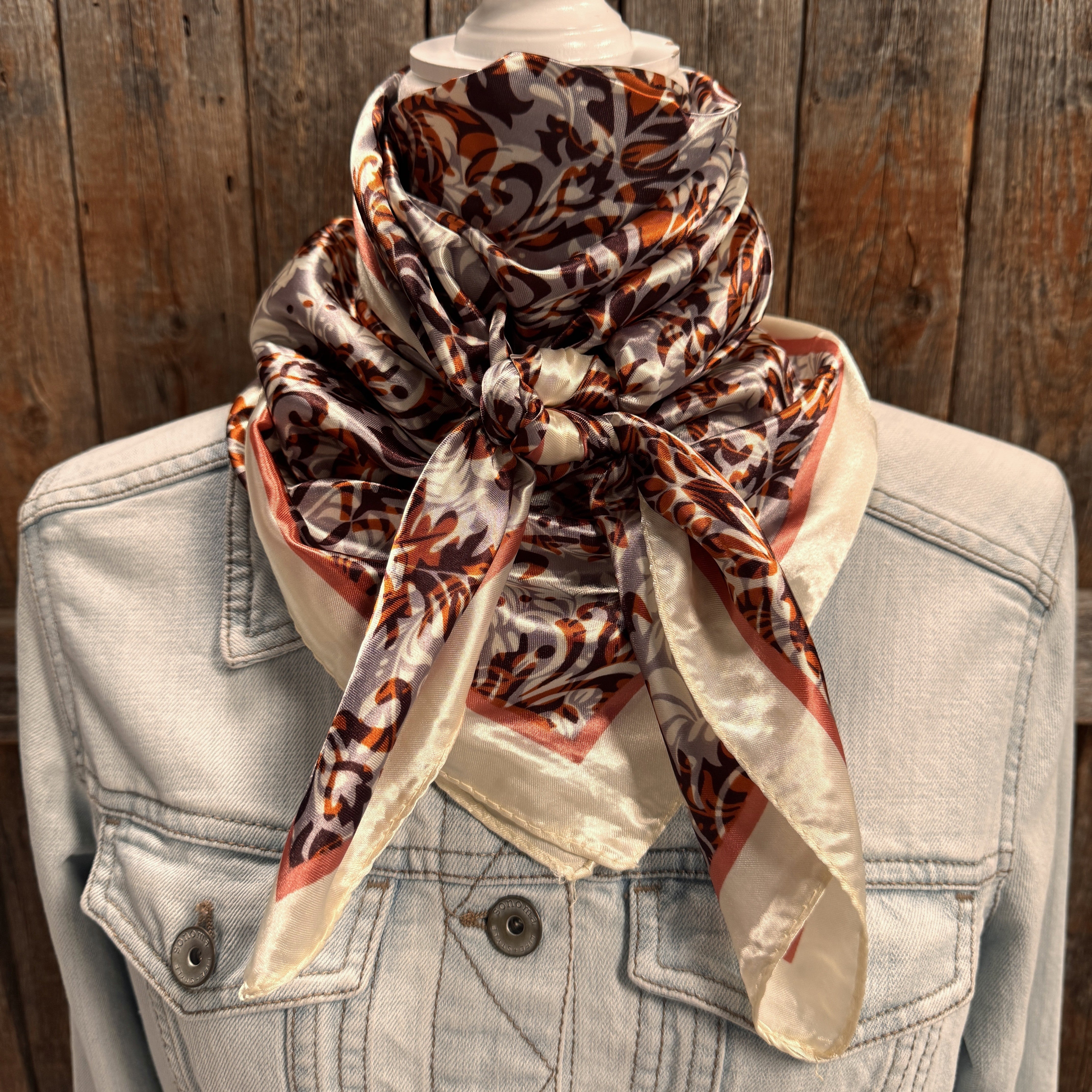 35X35" Cream and Rust Floral Wild Rag / Scarf WR1034