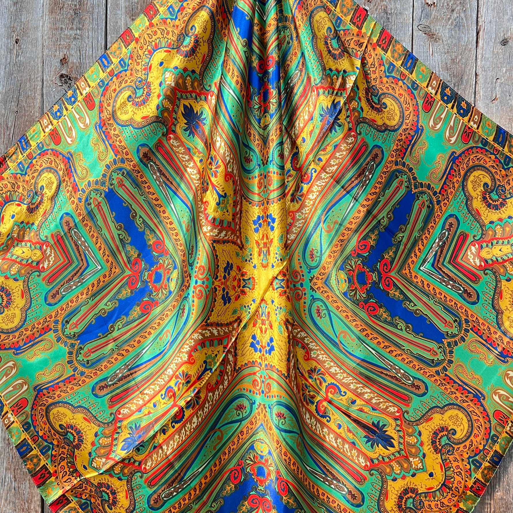 35X35" Multi-Colored Paisley Wild Rag / Scarf Copper Fire Opal, Teal & AB Slide WRC134B