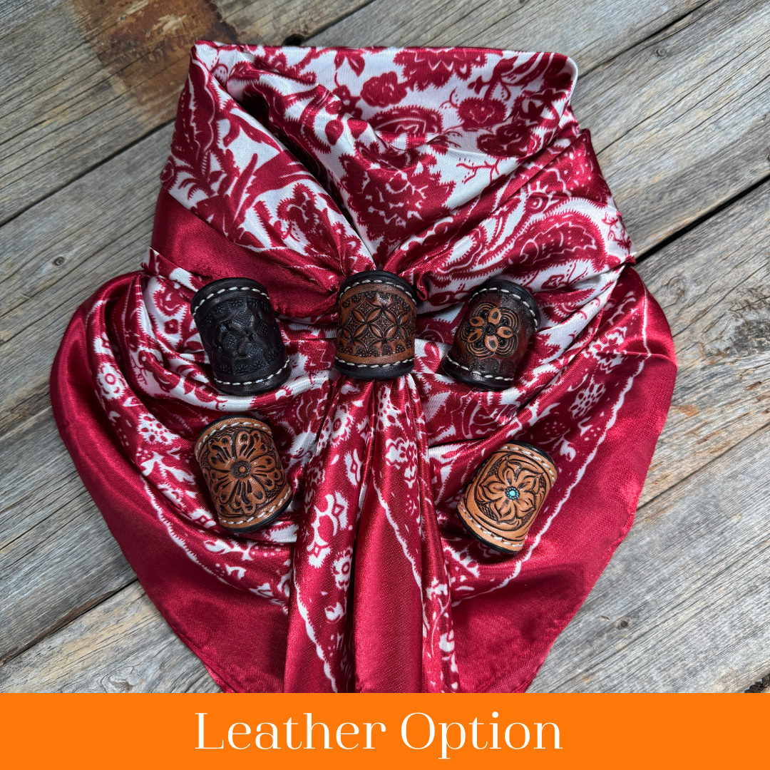 35X35" Red & Cream Paisley Wild Rag / Scarf WR143 - Tooled Leather Wild Rag Slides - Assorted