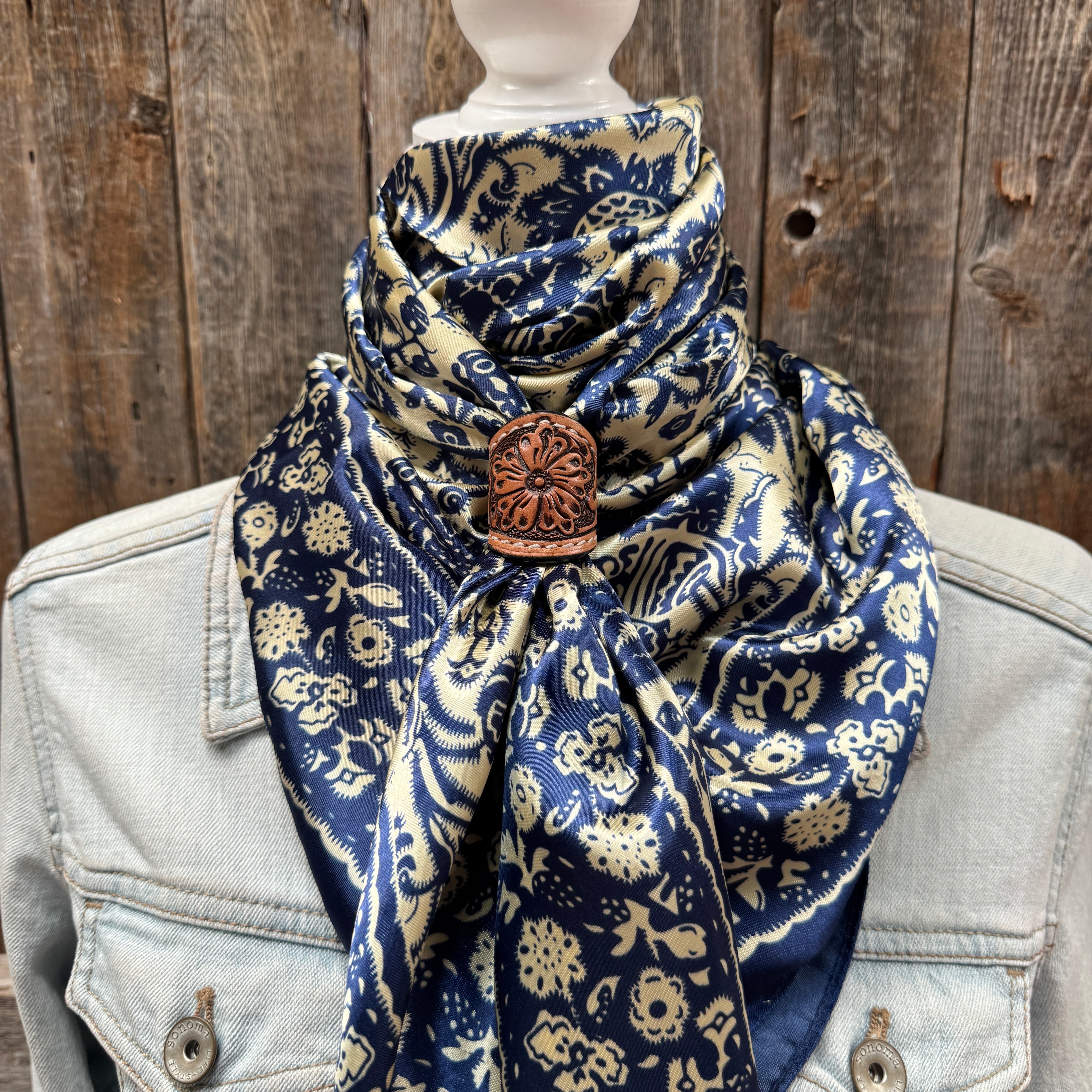 35X35" Royal Blue & Cream Paisley Wild Rag / Scarf WR144 - Tooled Leather Wild Rag Slides - Assorted