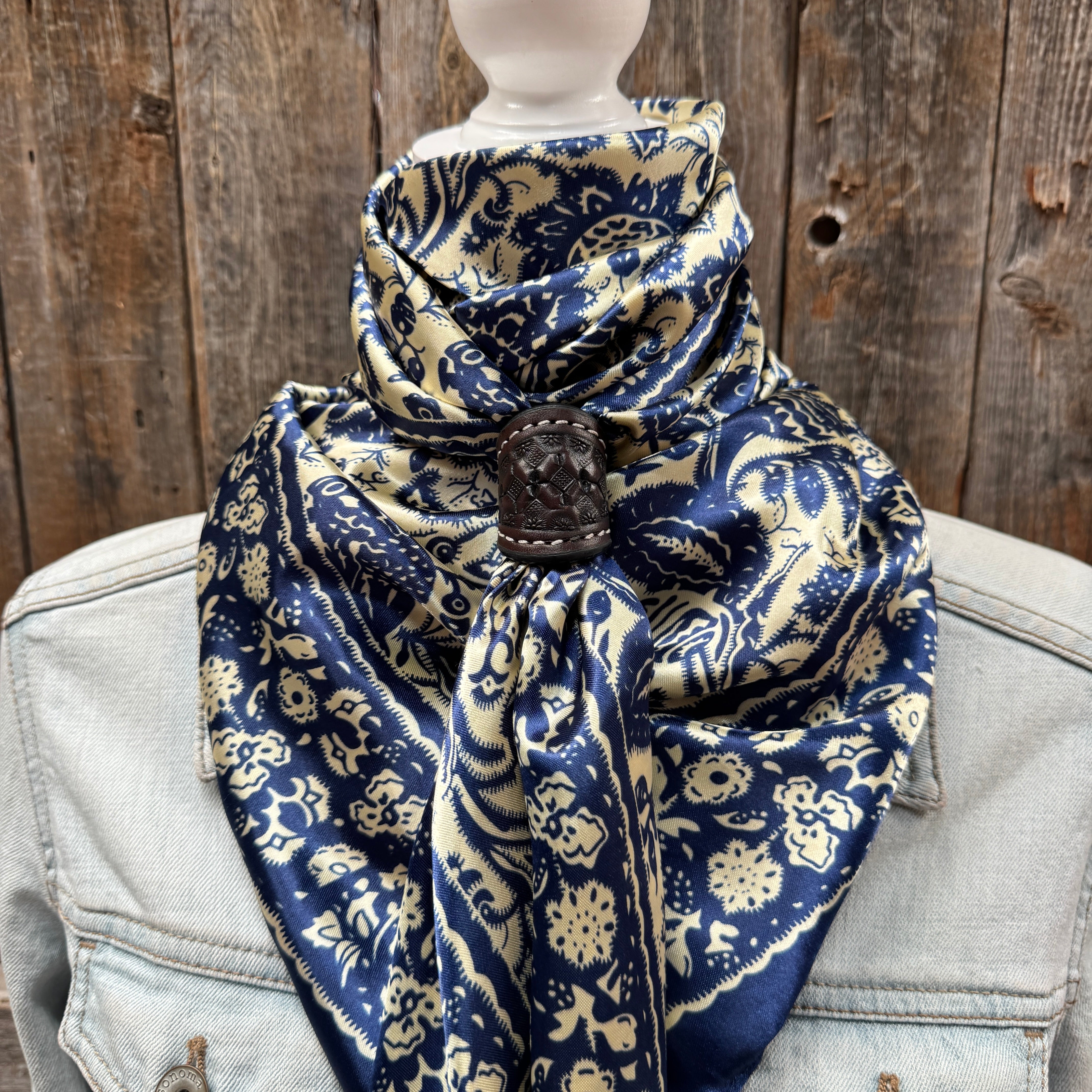 35X35" Royal Blue & Cream Paisley Wild Rag / Scarf WR144 - Tooled Leather Wild Rag Slides - Assorted