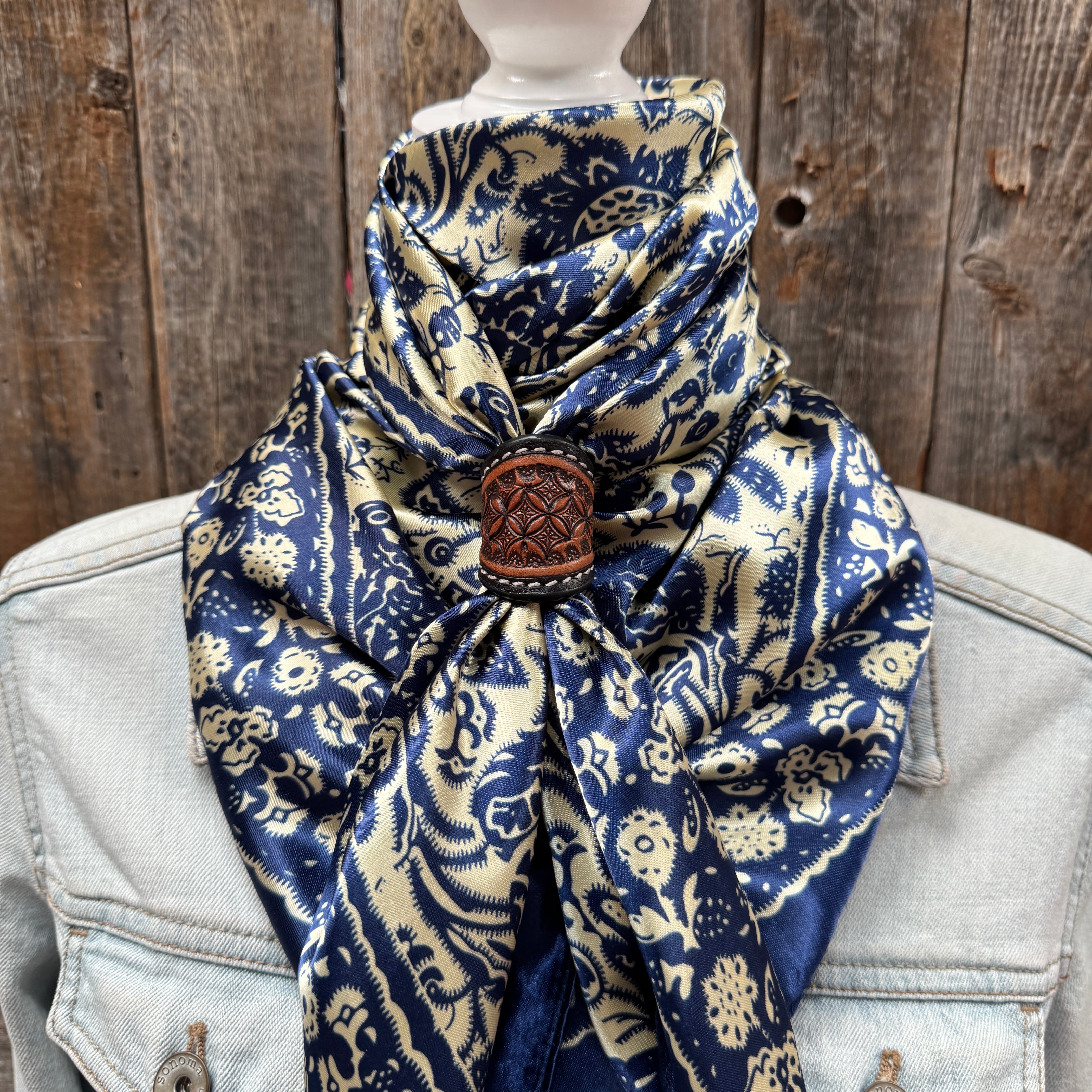 35X35" Royal Blue & Cream Paisley Wild Rag / Scarf WR144 - Tooled Leather Wild Rag Slides - Assorted