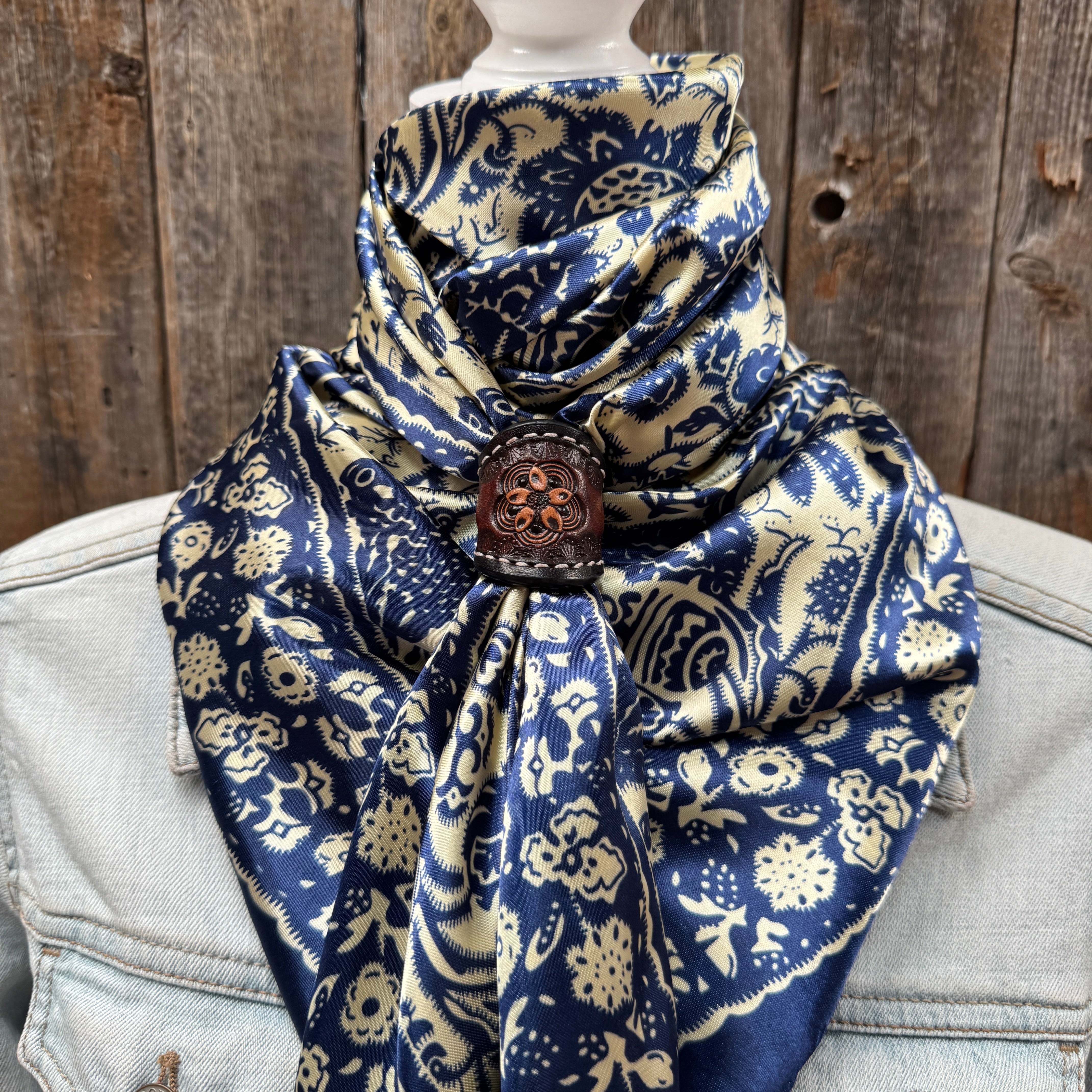 35X35" Royal Blue & Cream Paisley Wild Rag / Scarf WR144 - Tooled Leather Wild Rag Slides - Assorted
