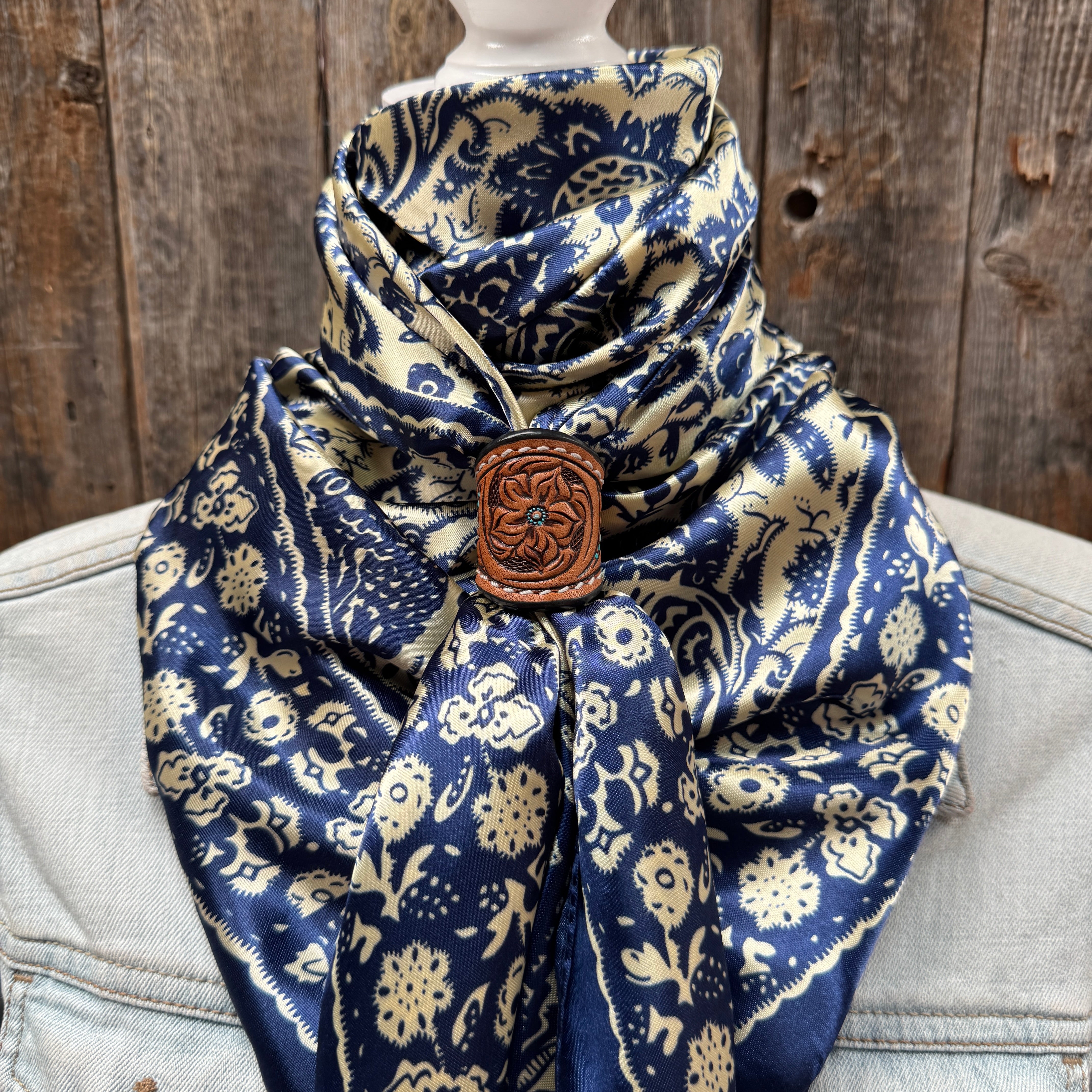 35X35" Royal Blue & Cream Paisley Wild Rag / Scarf WR144 - Tooled Leather Wild Rag Slides - Assorted