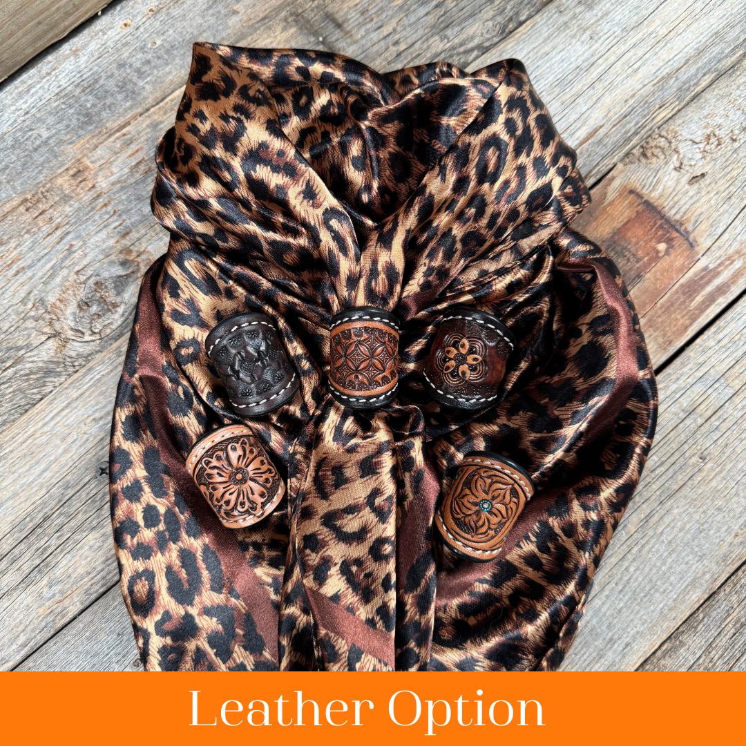 35X35" Brown Leopard Wild Rag / Scarf WR169 - Tooled Leather Wild Rag Slides - Assorted