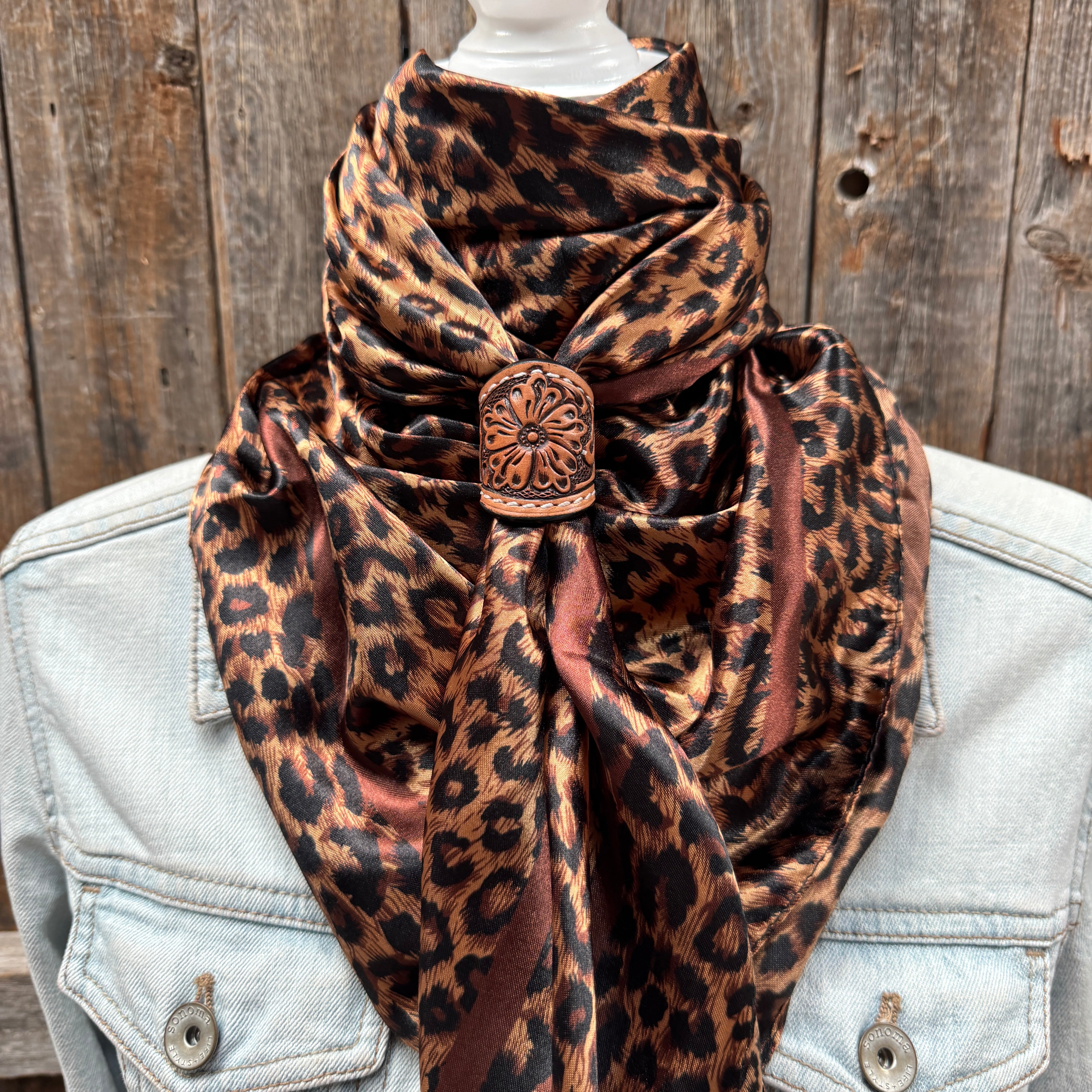 35X35" Brown Leopard Wild Rag / Scarf WR169 - Tooled Leather Wild Rag Slides - Assorted