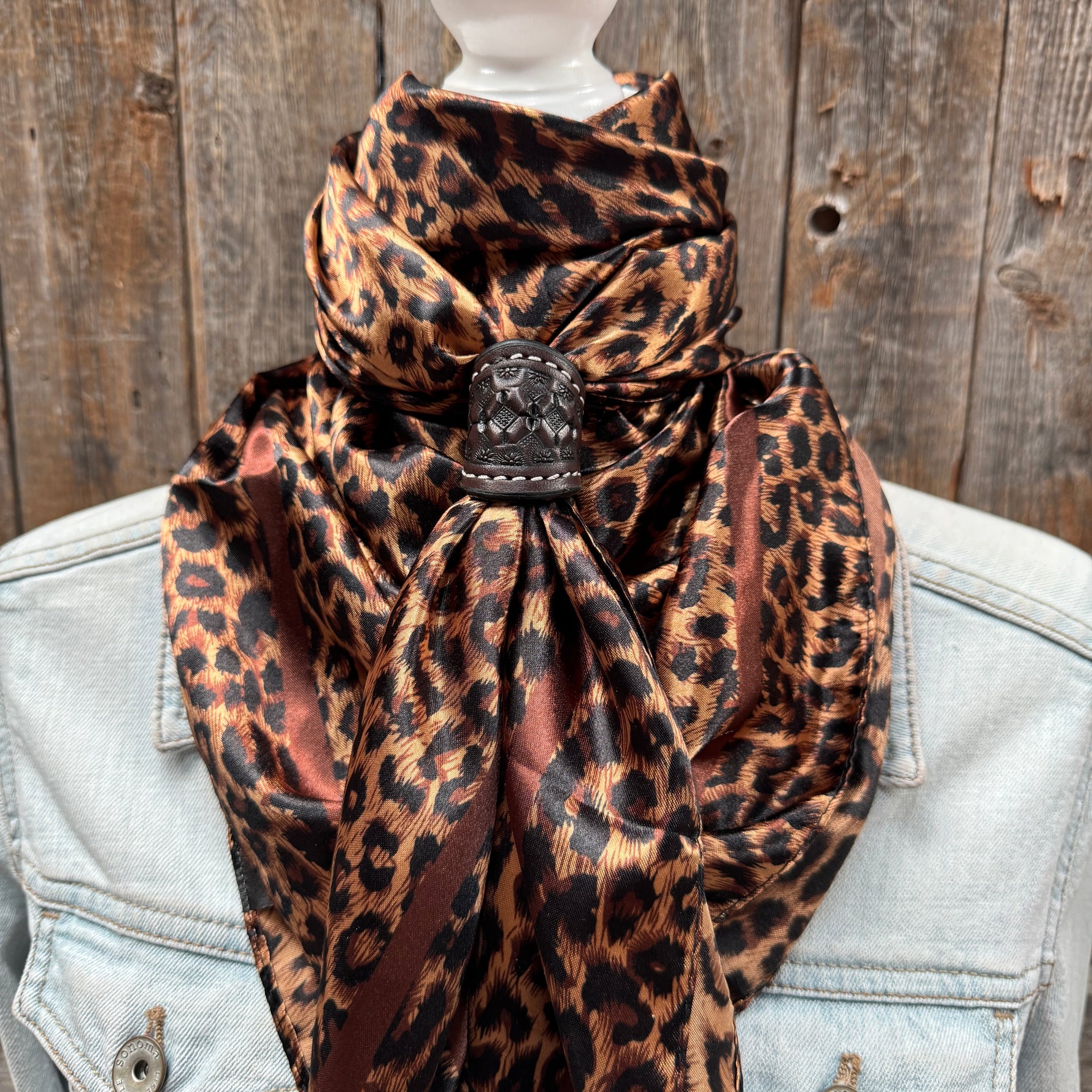 35X35" Brown Leopard Wild Rag / Scarf WR169 - Tooled Leather Wild Rag Slides - Assorted