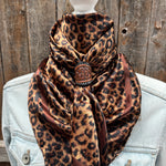 35X35" Brown Leopard Wild Rag / Scarf WR169 - Tooled Leather Wild Rag Slides - Assorted