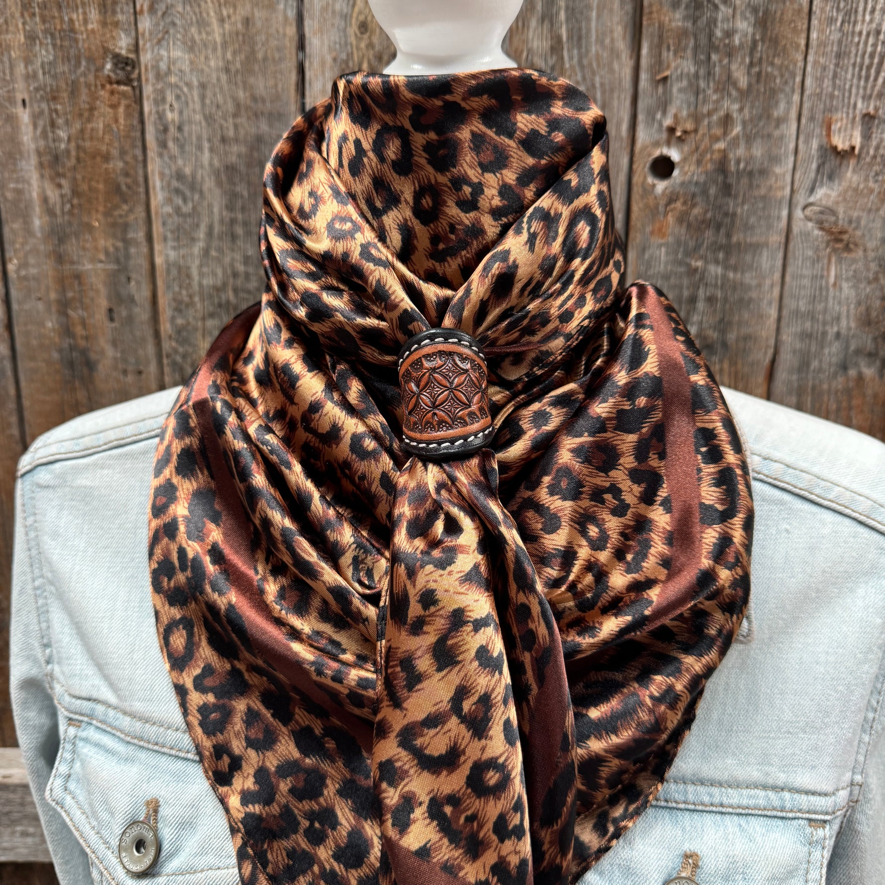35X35" Brown Leopard Wild Rag / Scarf WR169 - Tooled Leather Wild Rag Slides - Assorted