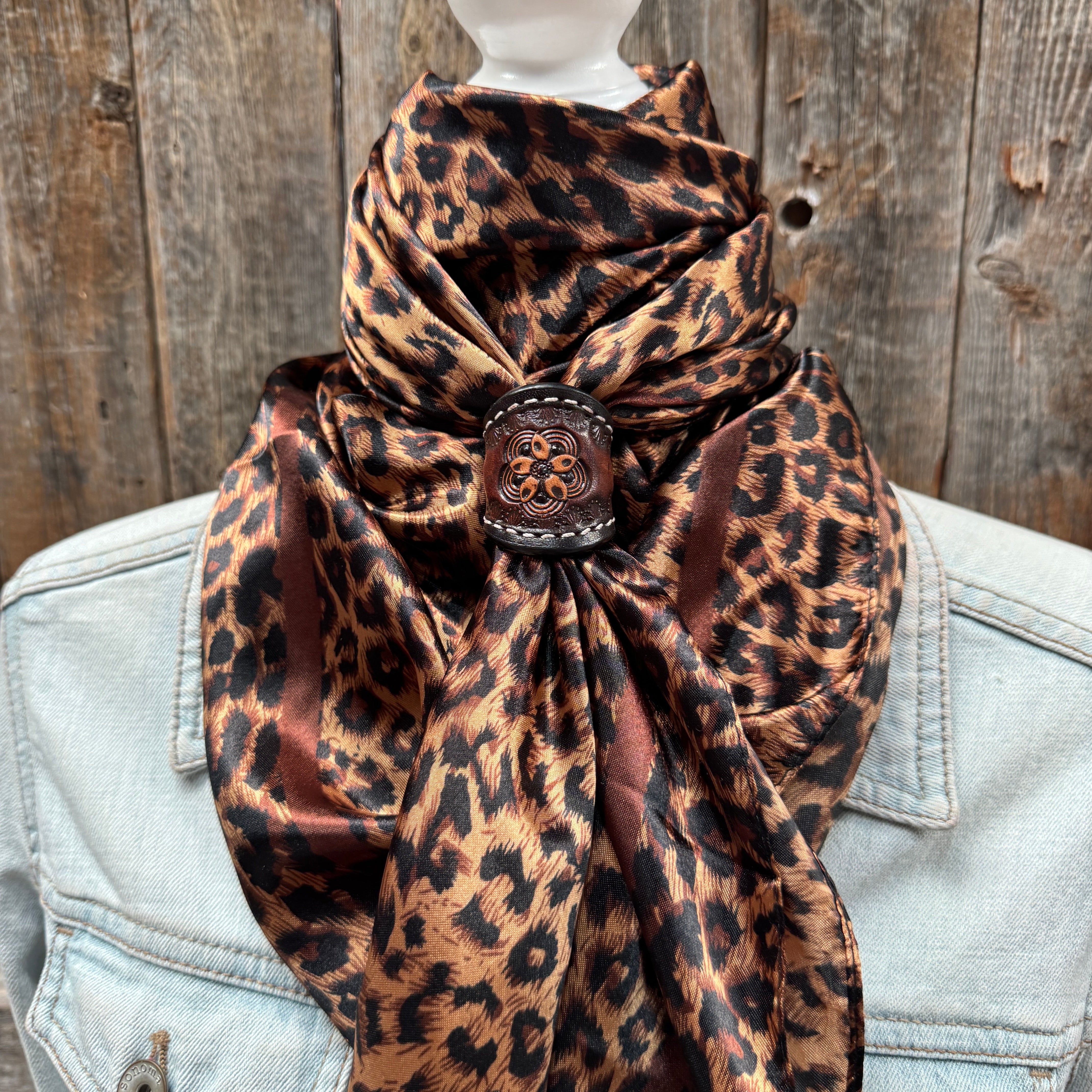 35X35" Brown Leopard Wild Rag / Scarf WR169 - Tooled Leather Wild Rag Slides - Assorted