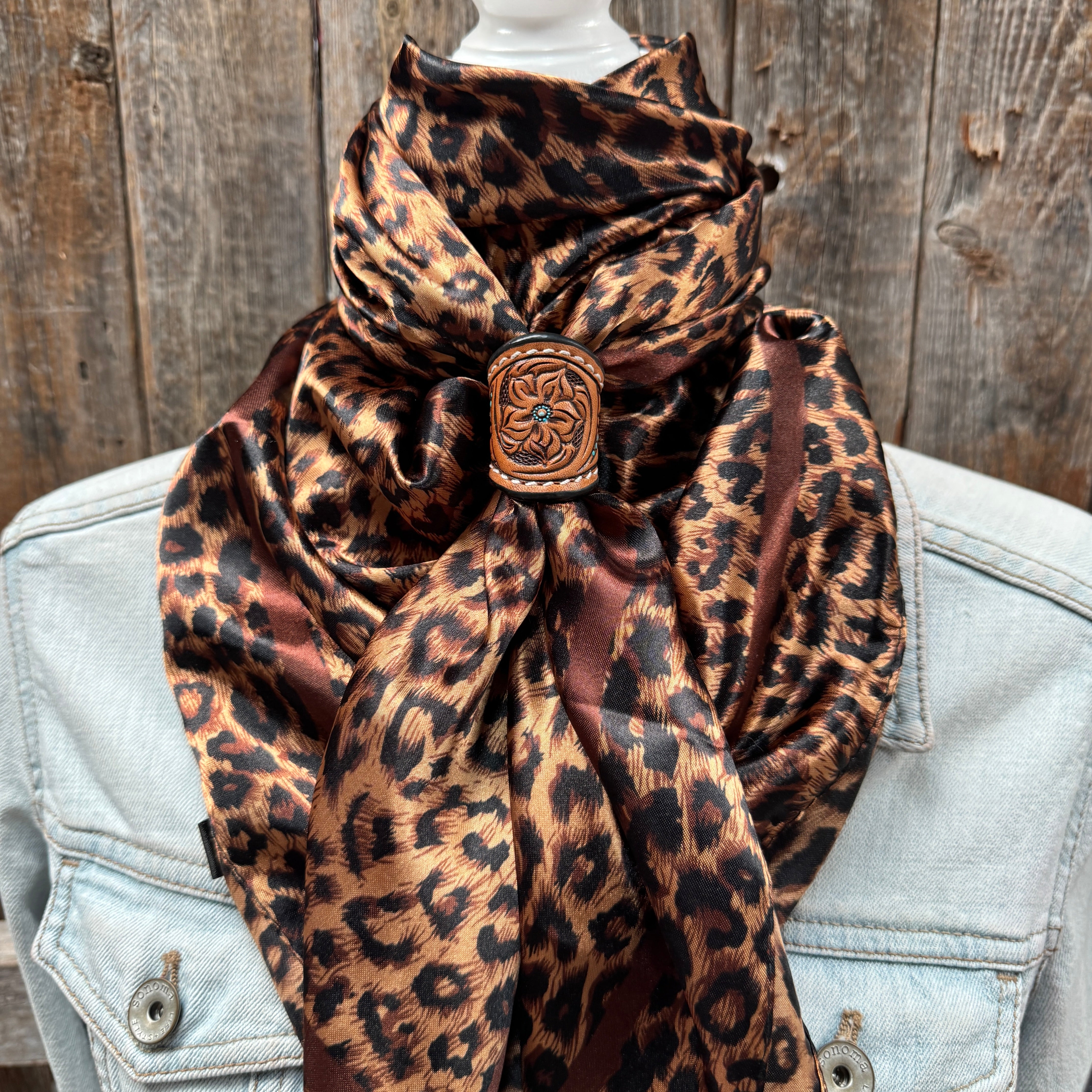 35X35" Brown Leopard Wild Rag / Scarf WR169 - Tooled Leather Wild Rag Slides - Assorted